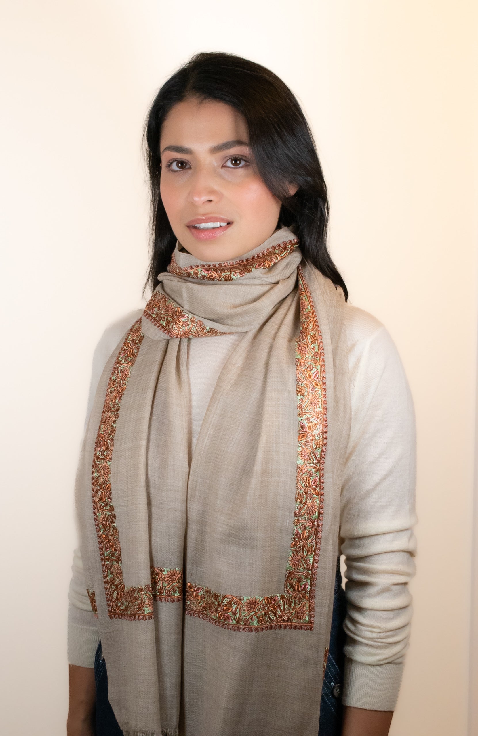Soft Mocha Embroidered Pashmina Wool Scarf