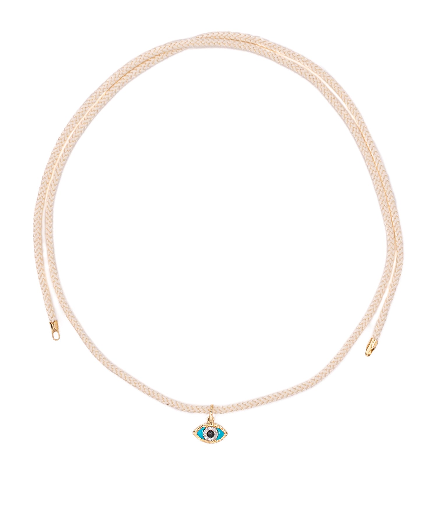 14K Gold, Diamond, and Turquoise Evil Eye on Self Tie Cream Kumi Cord