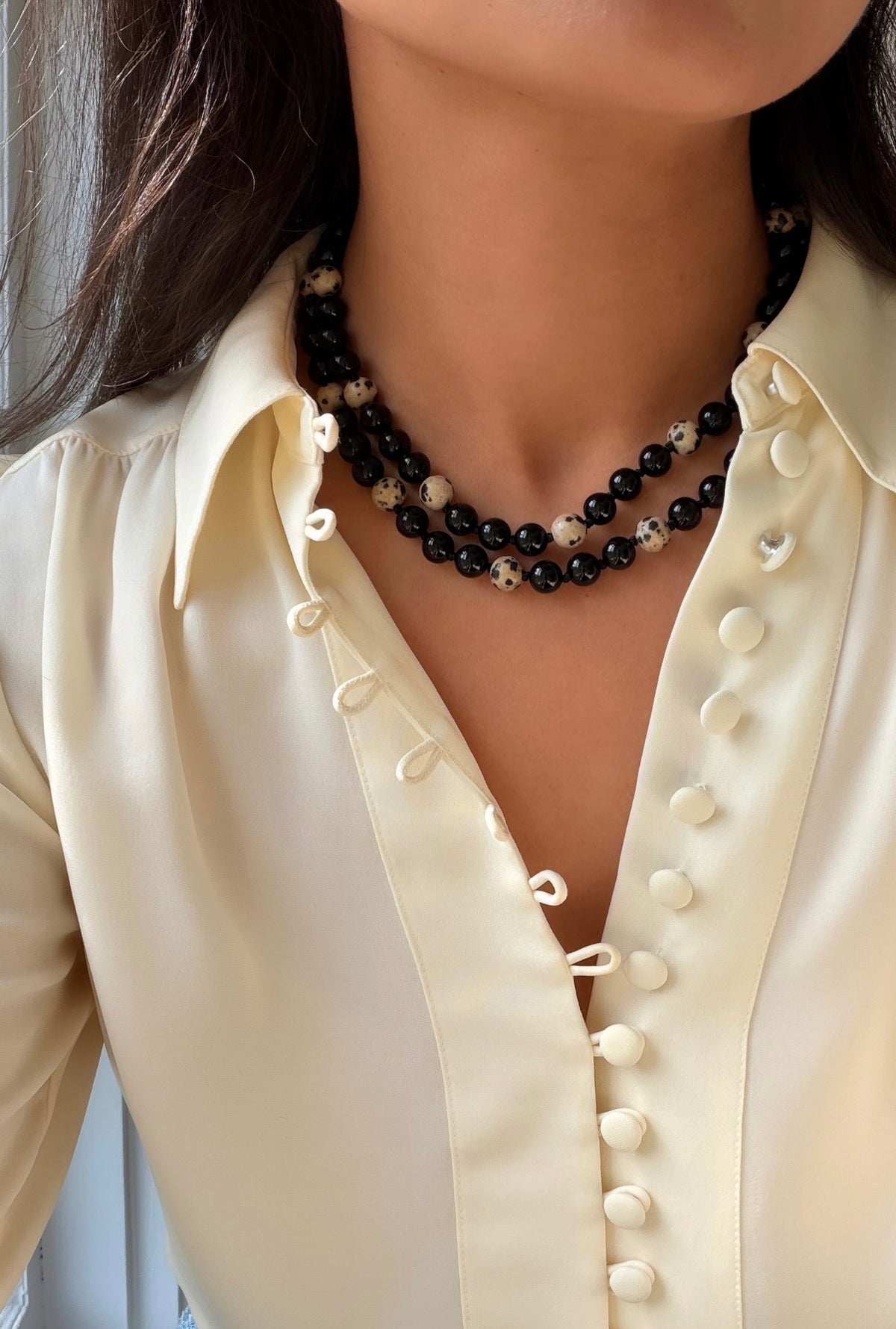 Cyra Long Necklace in Black Onyx and Dalmatian Jasper