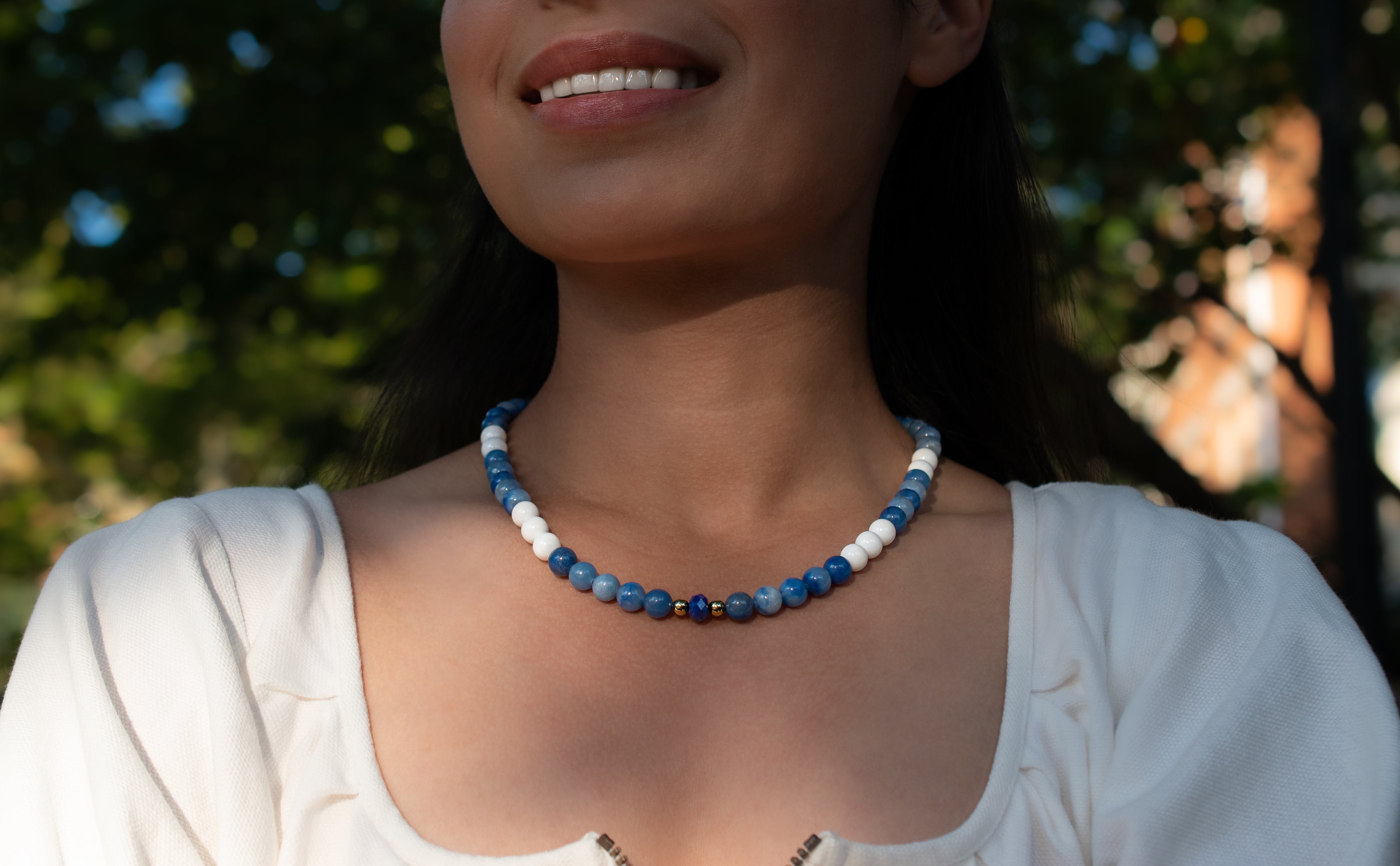 Zanzibar Necklace | Blue Aventurine and Tridacna Shell with Gold and Lapis