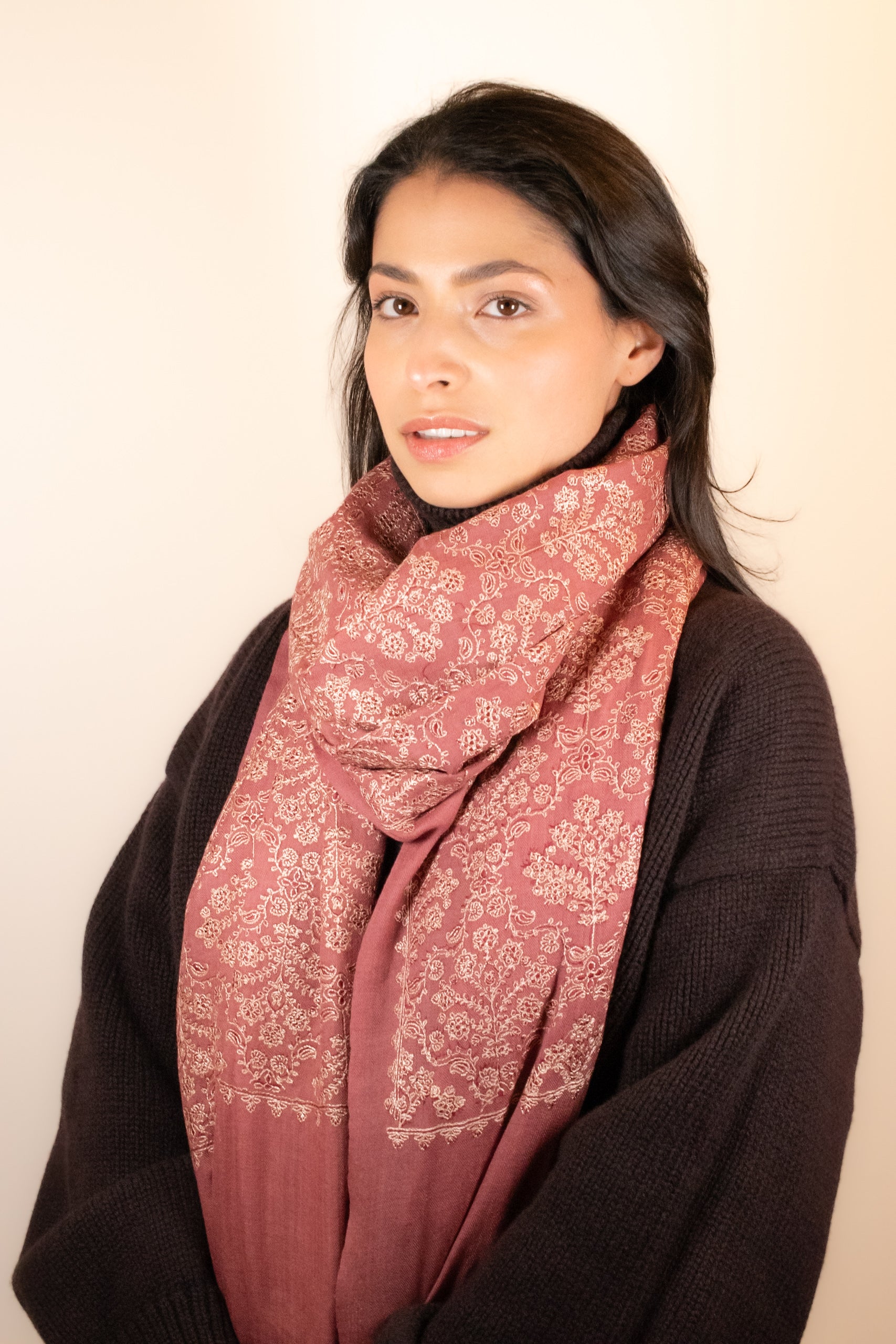 Dusty Rose Pink Embroidered Pashmina Scarf