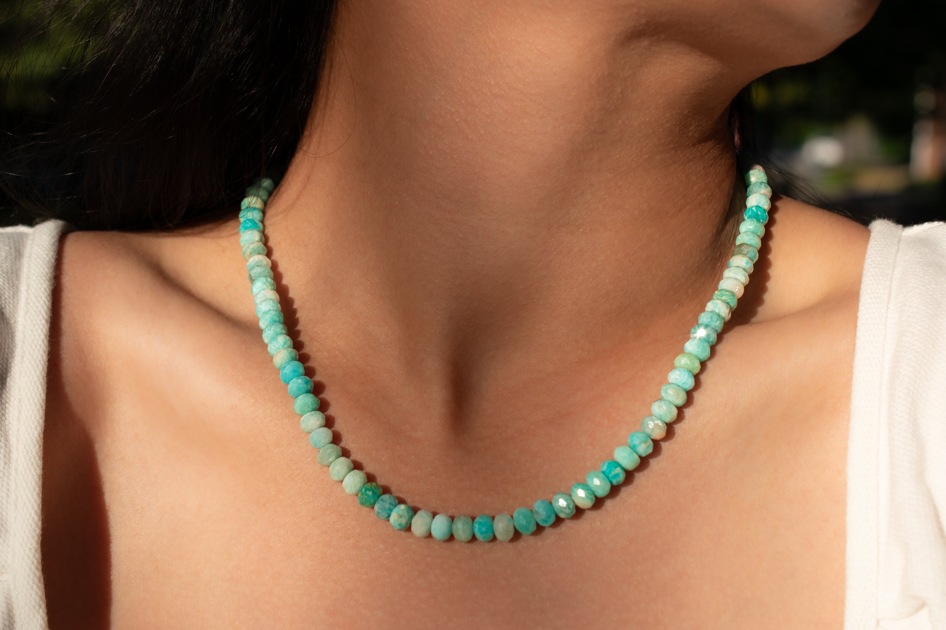 Stunning blue Amazonite Necklace on model