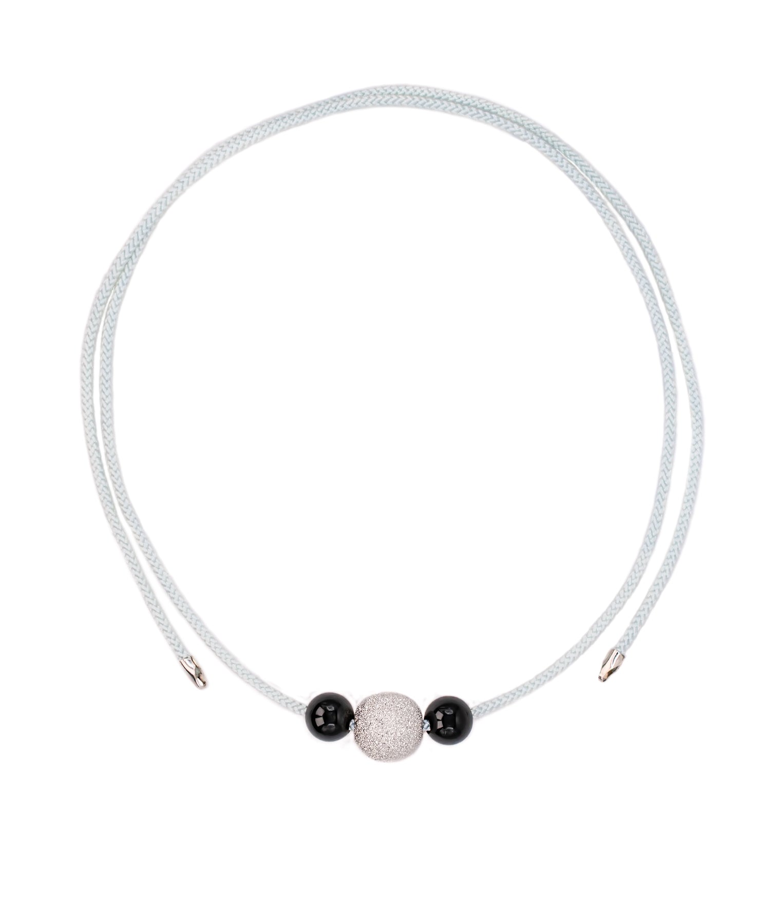 Silver and Black Onyx on Self Tie Soft Aqua Kumi Cord