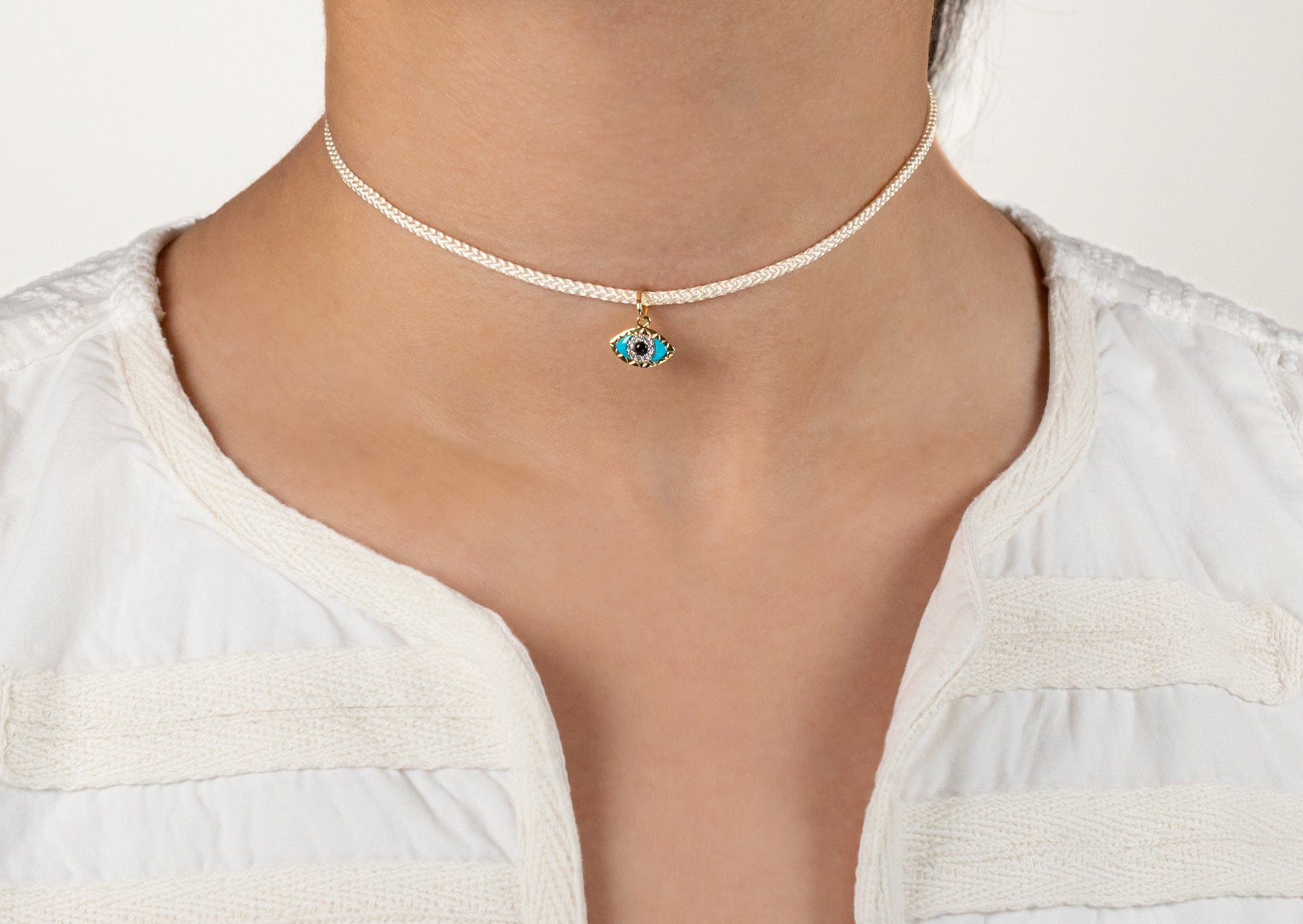 14K Gold, Diamond, and Turquoise Evil Eye on Self Tie Cream Kumi Cord