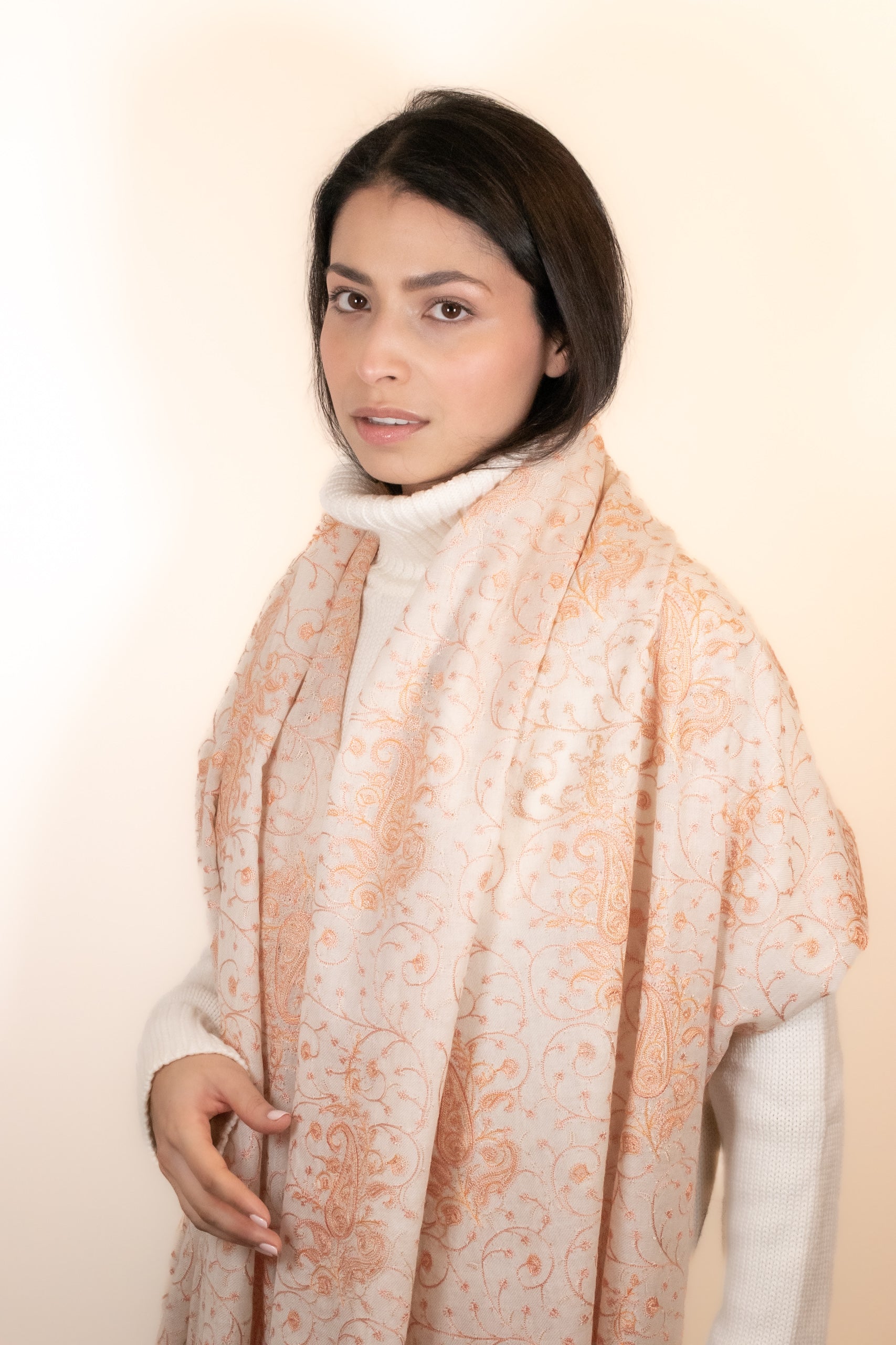 Peaches and Cream Embroidered Wool Shawl