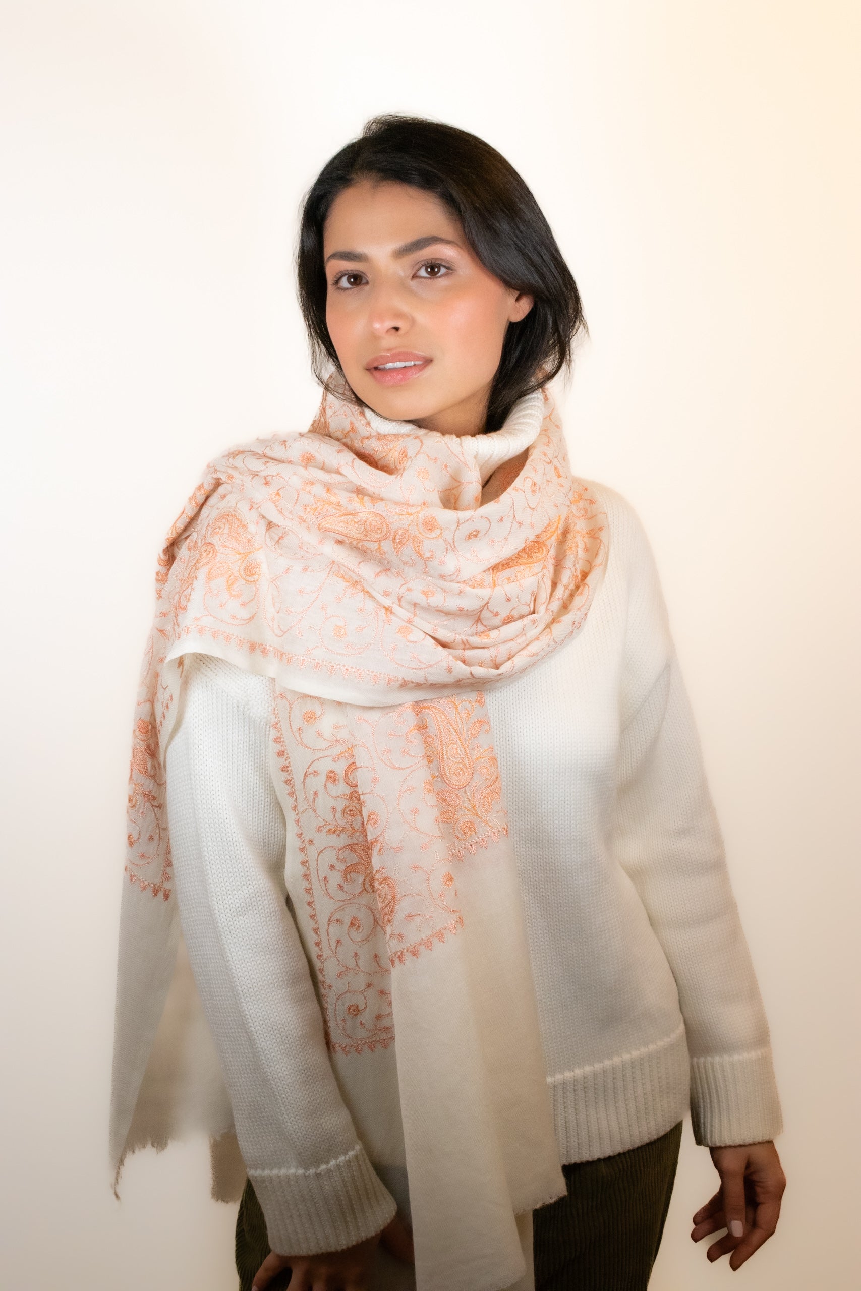 Peaches and Cream Embroidered Wool Shawl