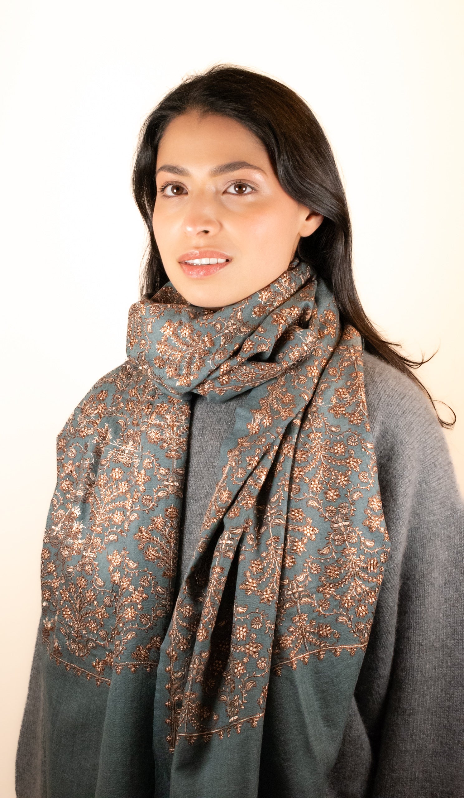 Slate Blue Embroidered Pashmina Scarf