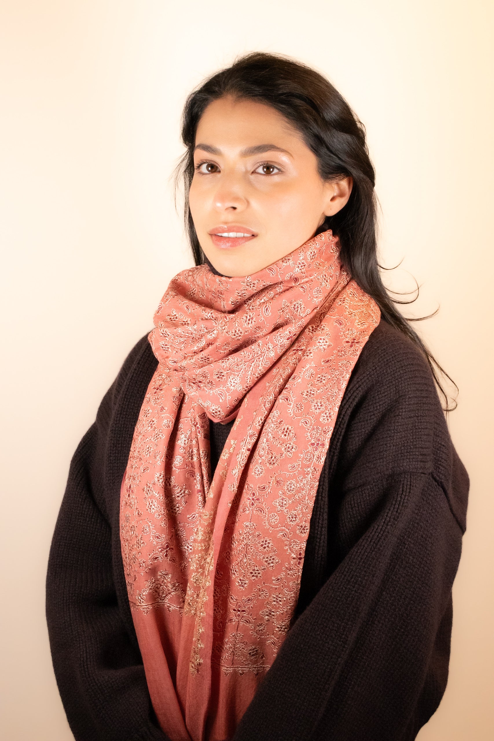 Burnished Peach Embroidered Pashmina Scarf