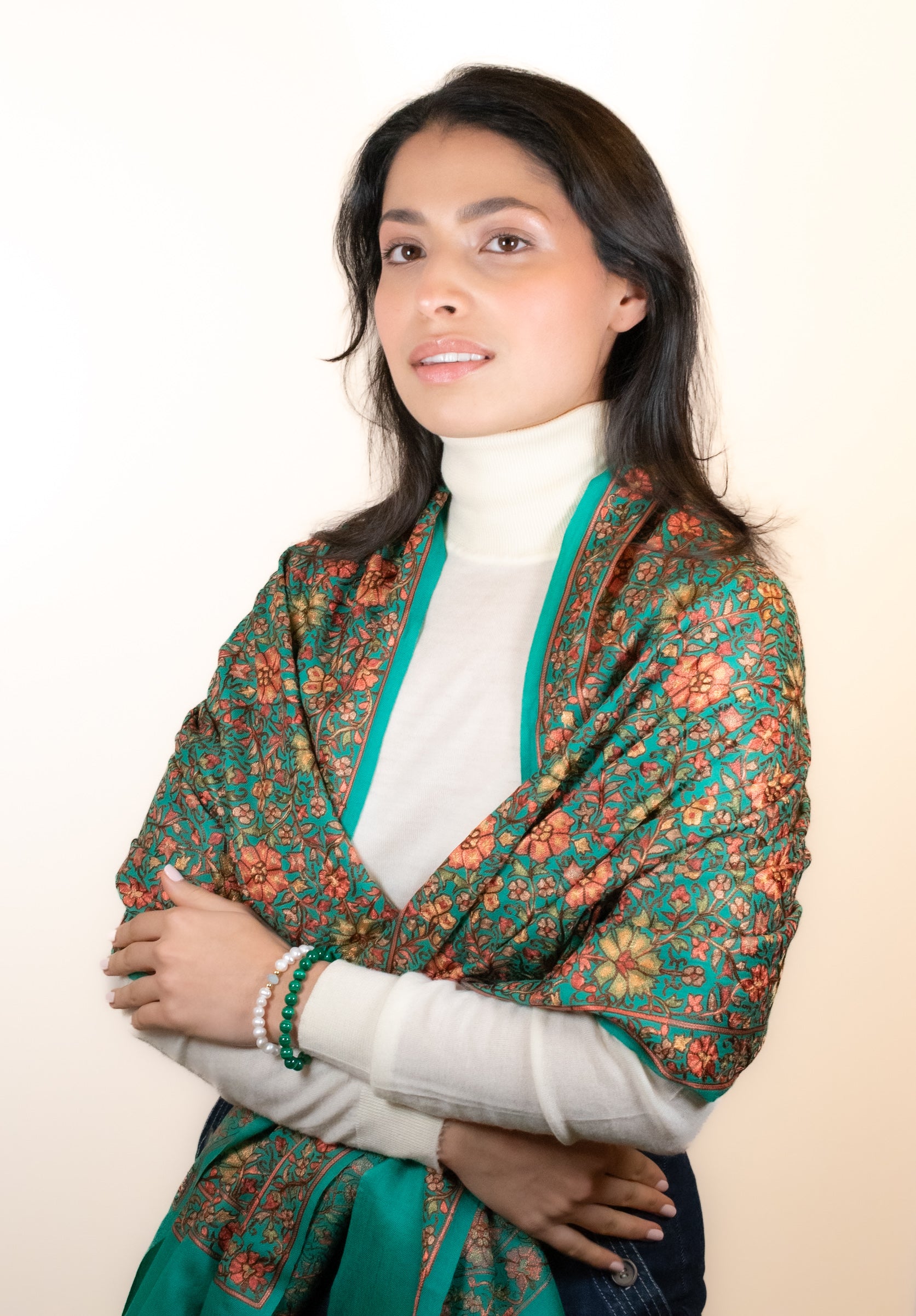 Emerald Green Embroidered Pashmina Scarf