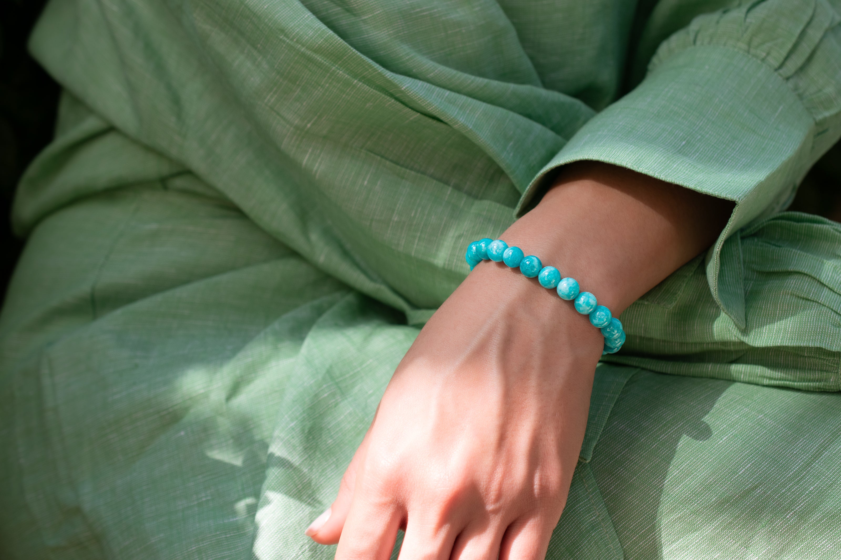 Luminous Blue Amazonite Beaded Stretch Bracelet on model