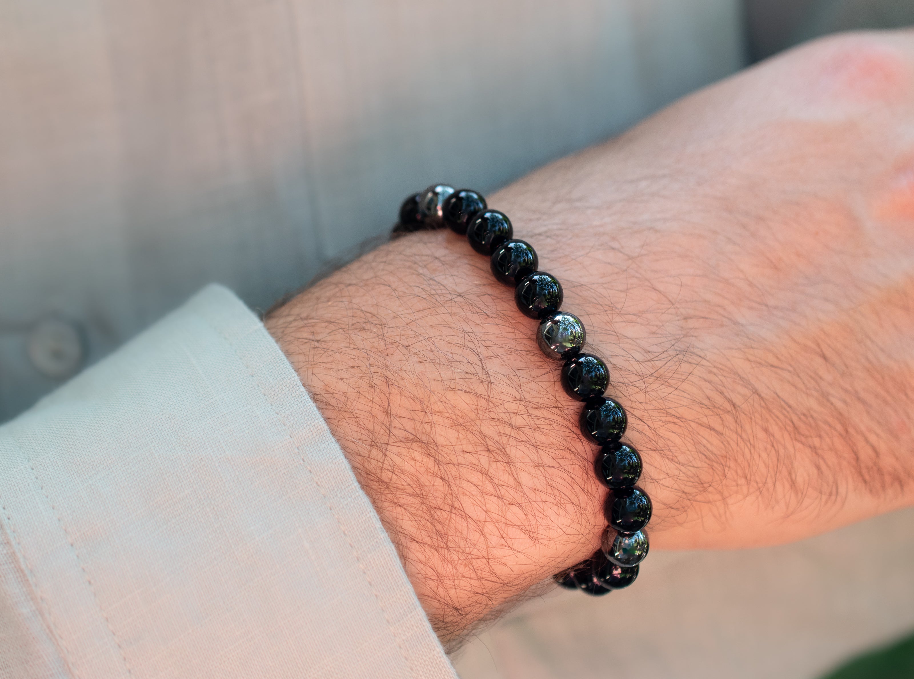 Black Onyx and Hematite Beaded Stretch Bracelet on male model