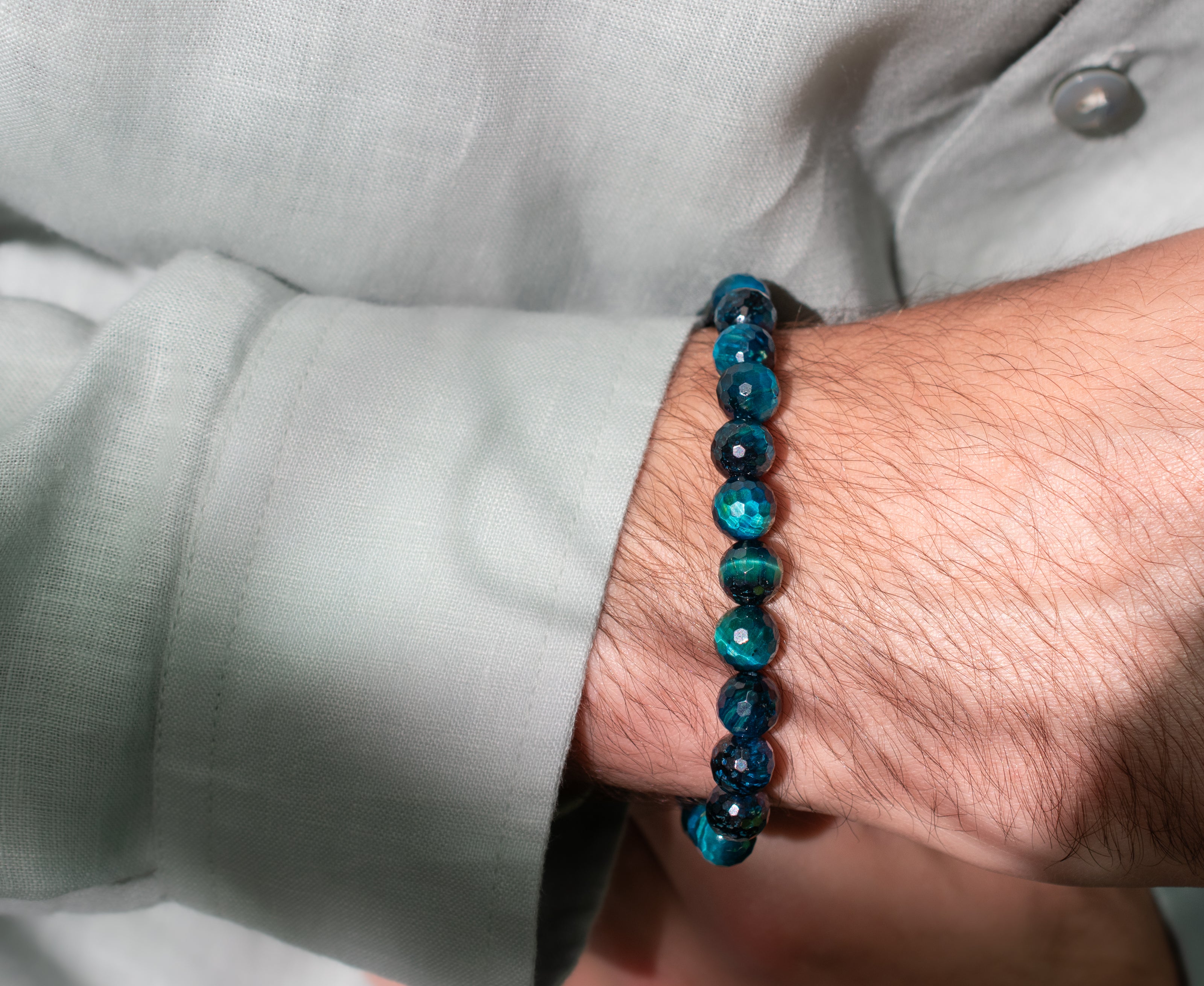 Blue Tigers Eye Beaded Stretch Bracelet on male model