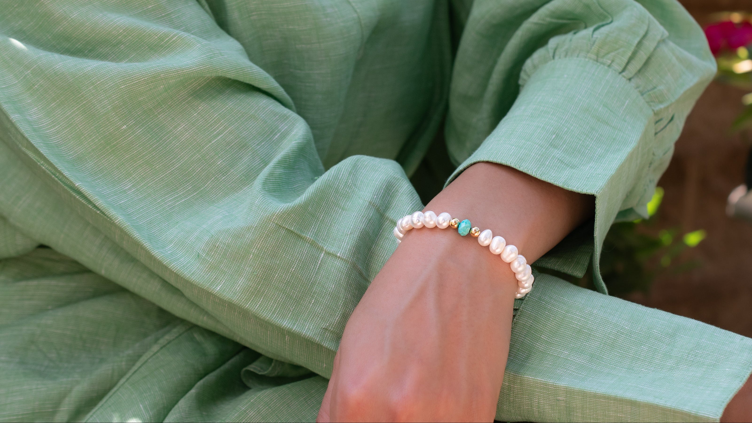 Freshwater Pearl and Turquoise Stretch Bracelet