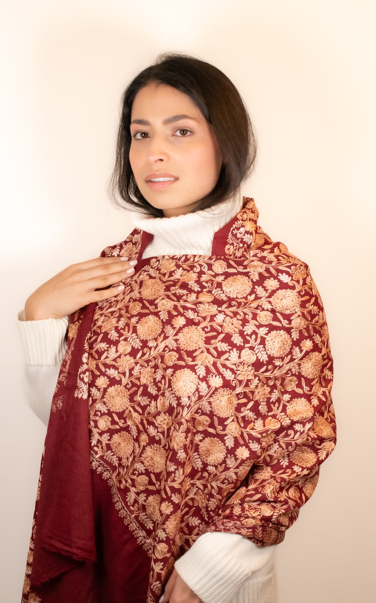 Burgundy and Gold Embroidered Wool Scarf