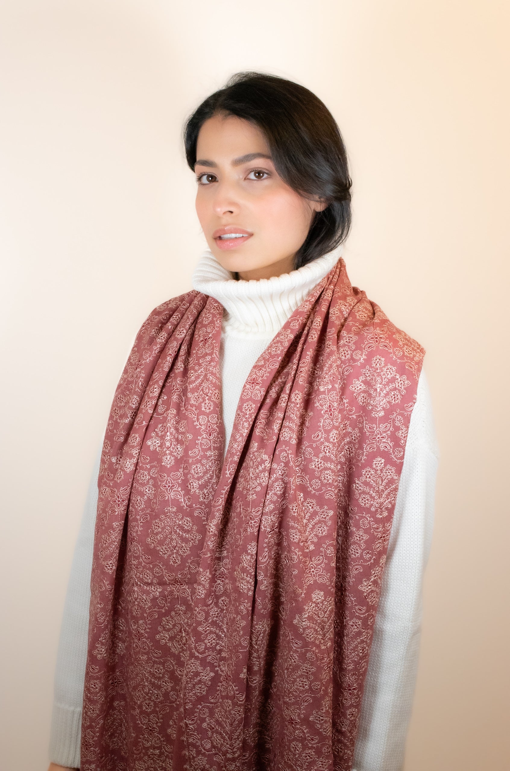 Dusty Rose Pink Embroidered Pashmina Scarf