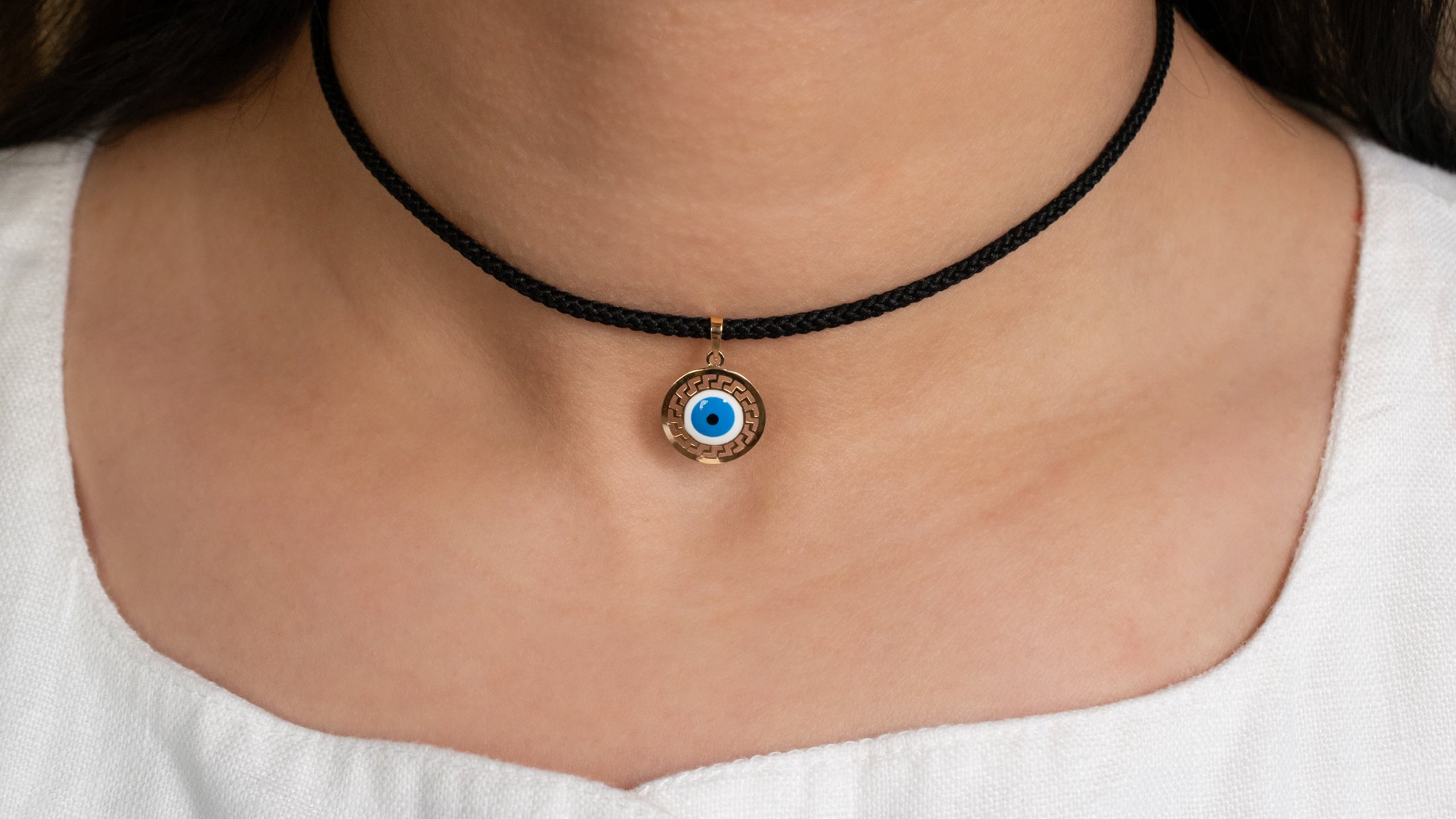 14K Gold and Enamel Evil Eye on Black Kumi Cord Necklace