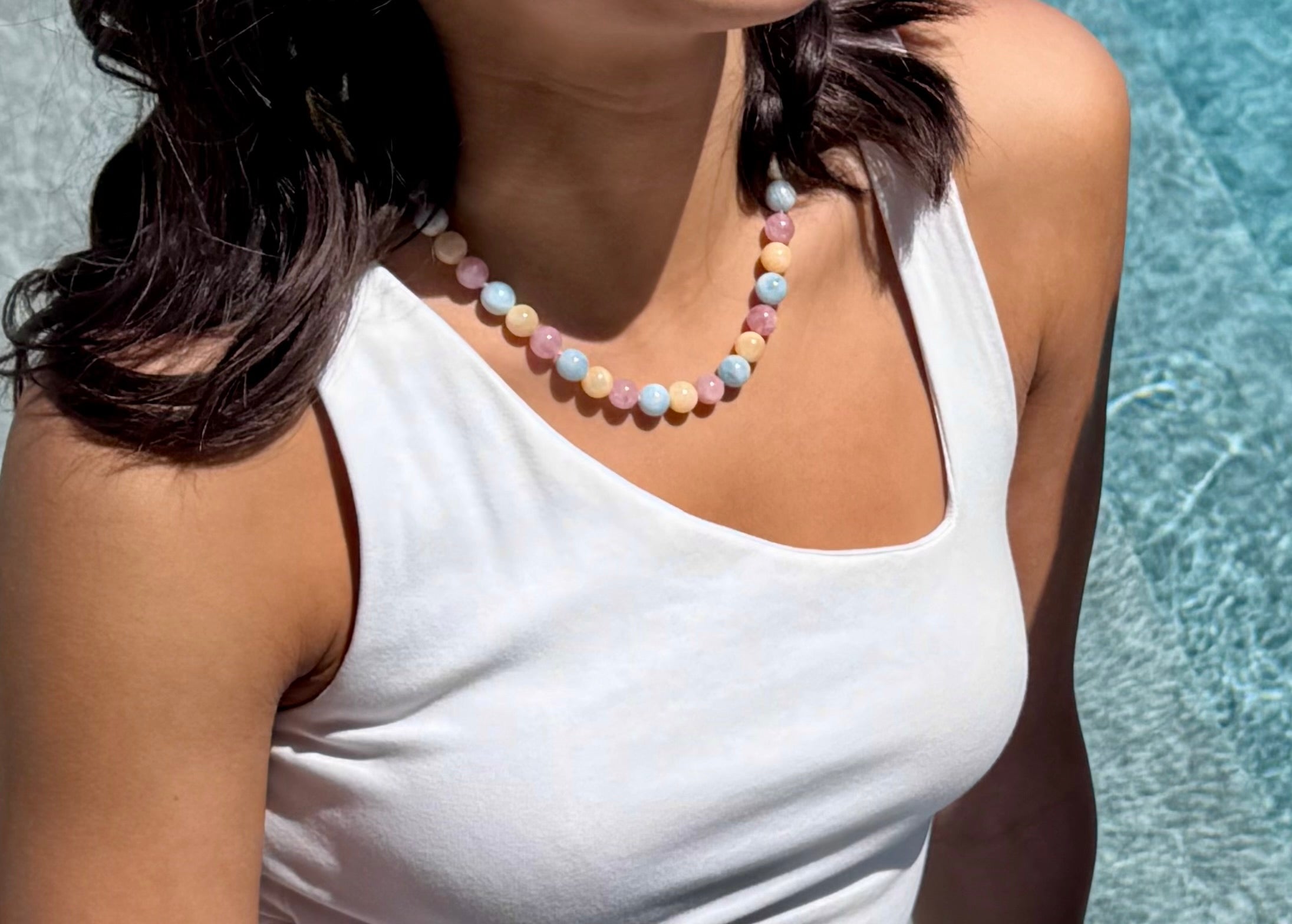 Sorelle Necklace in Aquamarine, Rose Quartz and Yellow Calcite