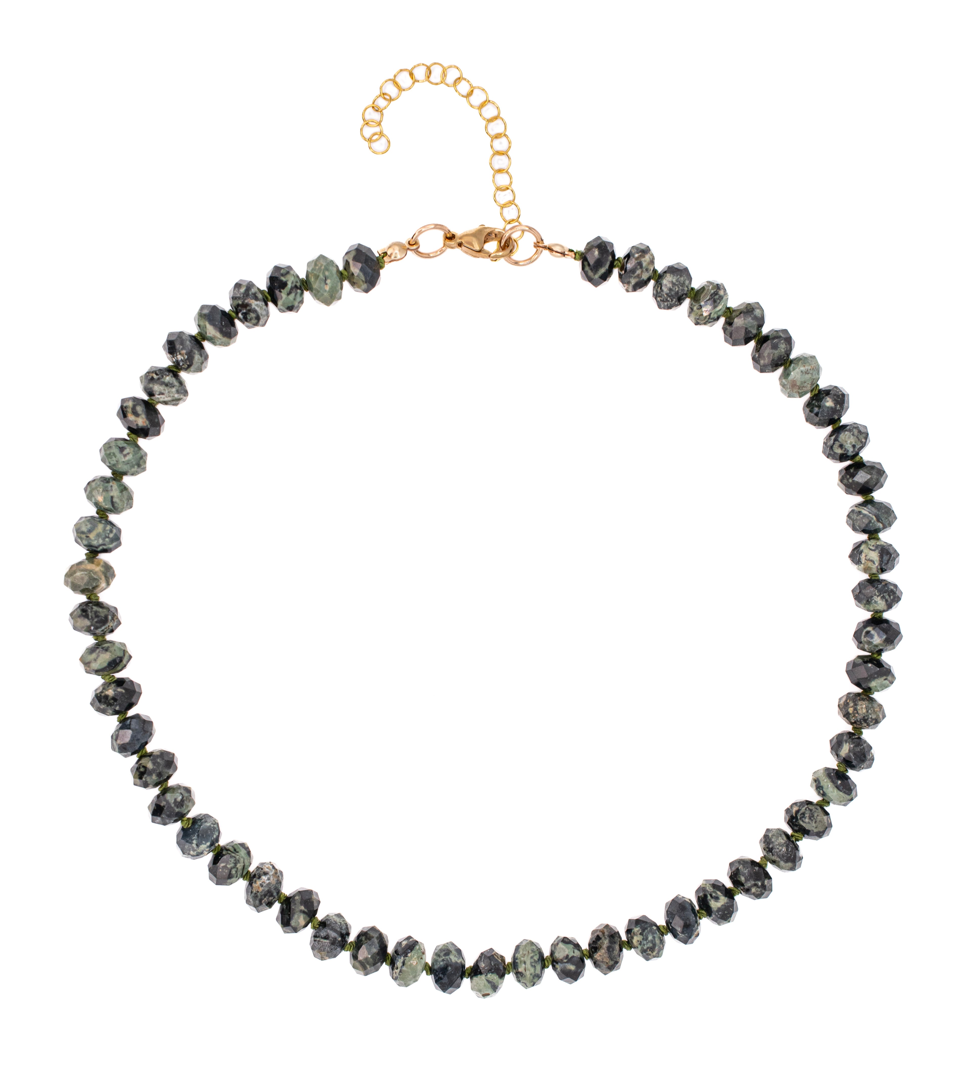Necklace with greenish gray beads on a white background