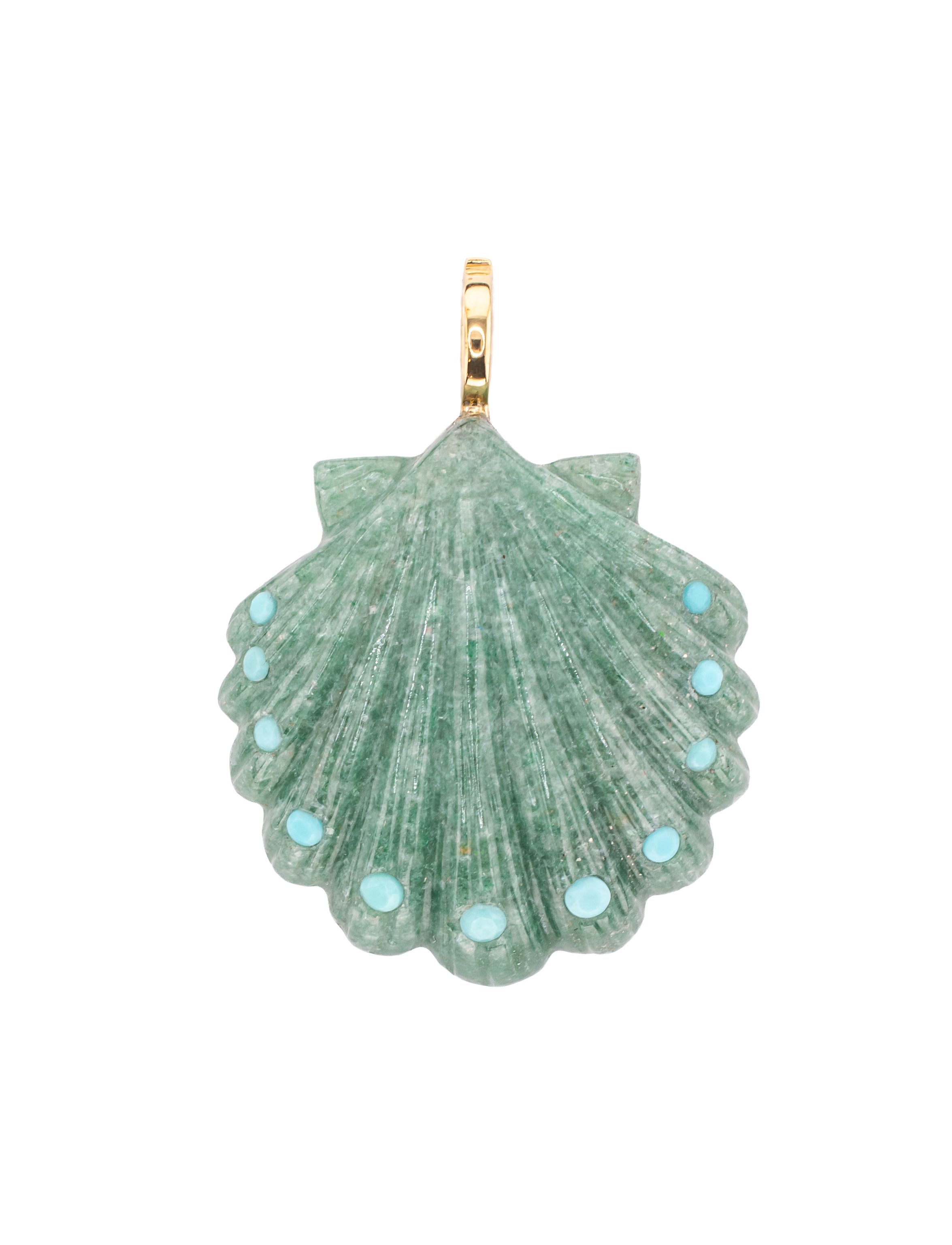 Hand Carved Clip On Shell Pendant in Green Aventurine and Inlaid Turquoise