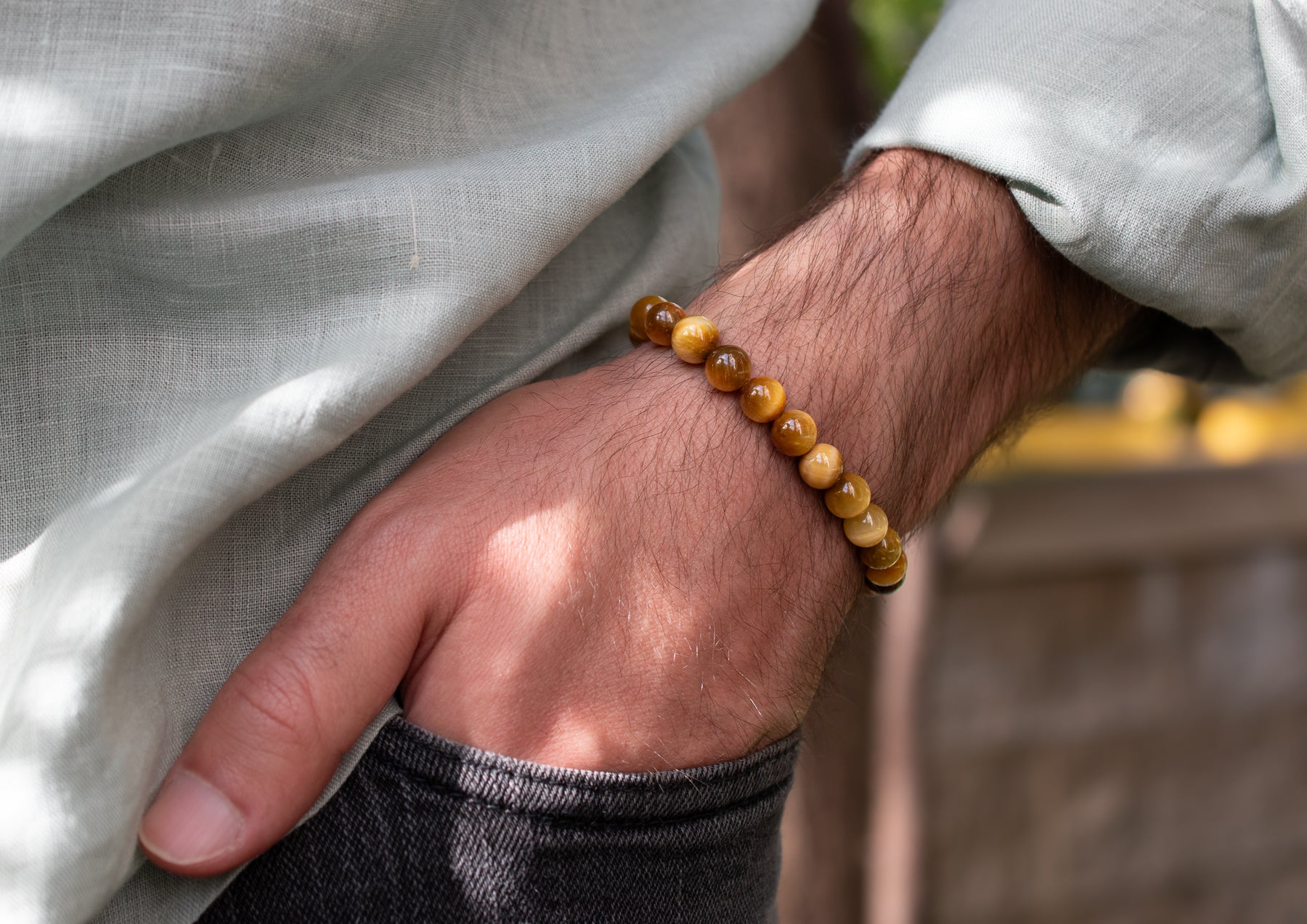 Blonde Tigers Eye Beaded Stretch Bracelet on male model