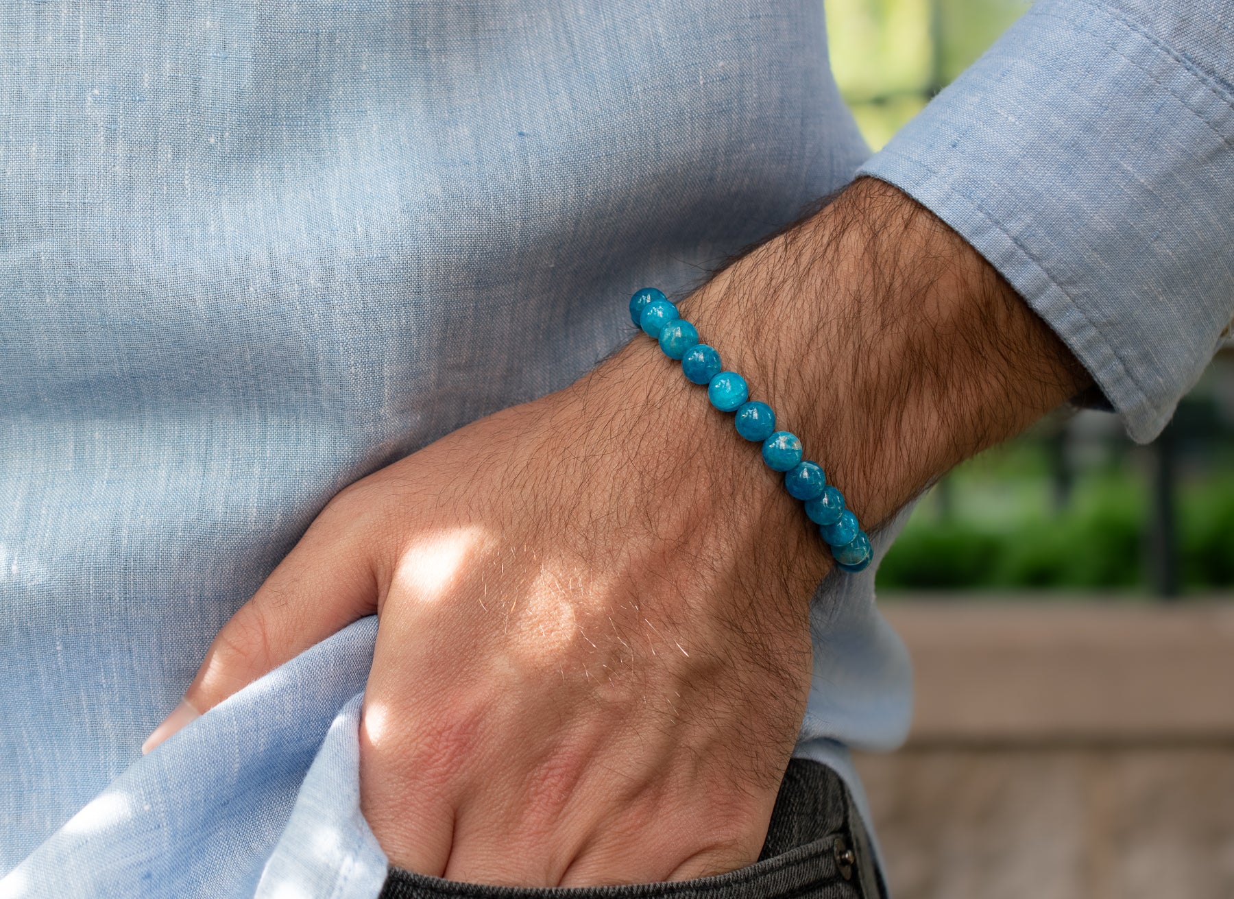 Stunning Blue Apatite Beaded Stretch Bracelet on male model