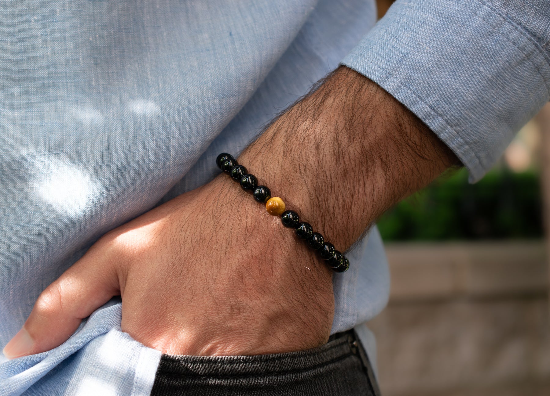 Beaded Black Onyx Bracelet with Tigers Eye accent on model