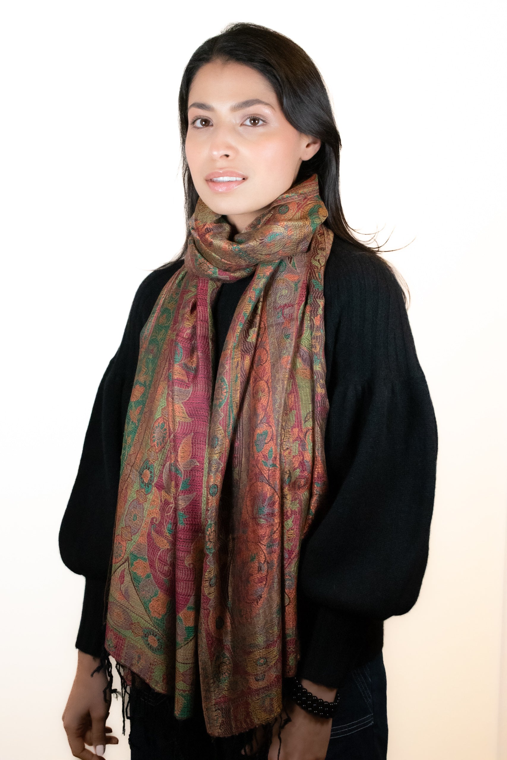 Jewel Toned Patterned Wool and Silk Blend Scarf