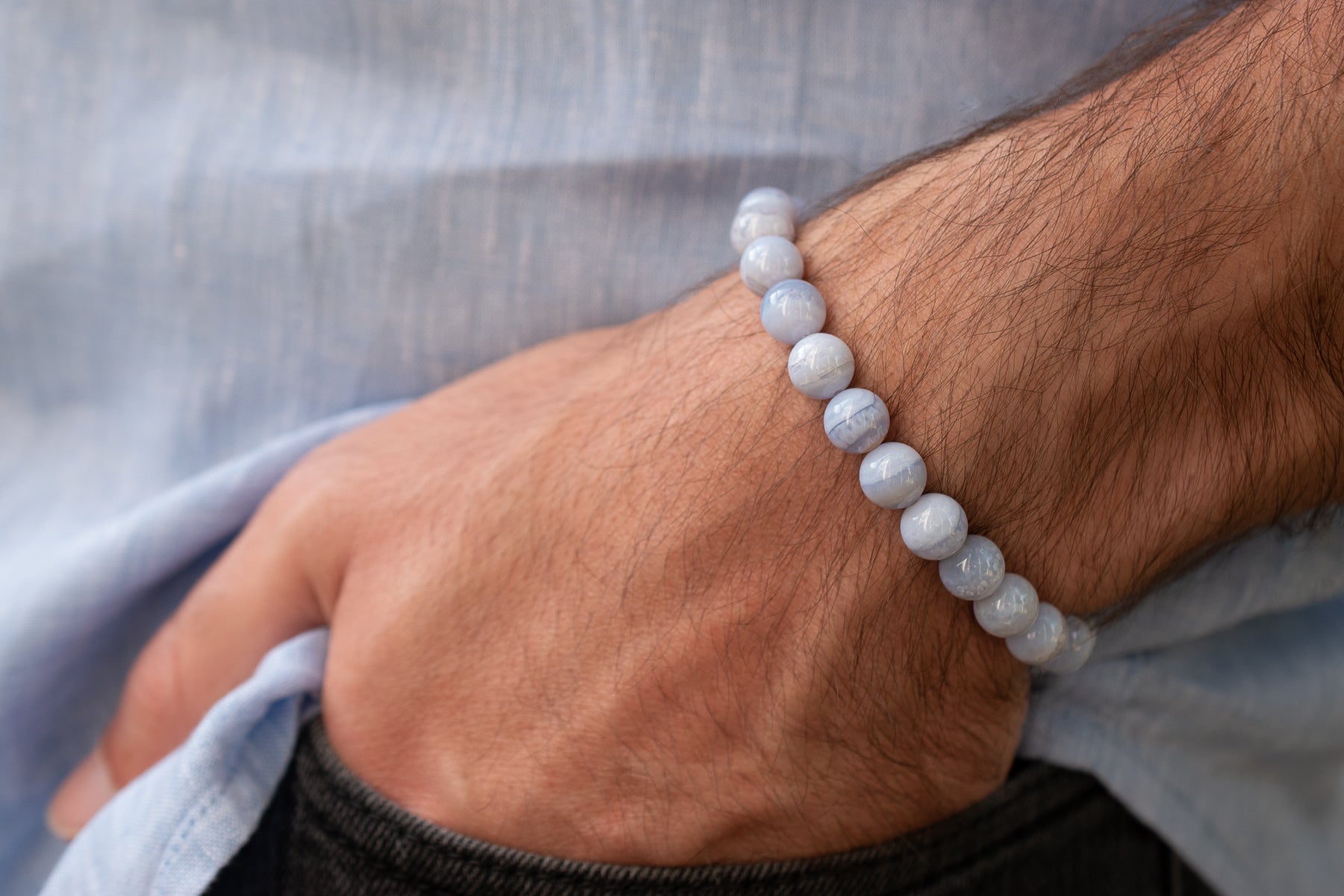 Seafoam Blue Lace Agate Beaded Stretch Bracelet on male model