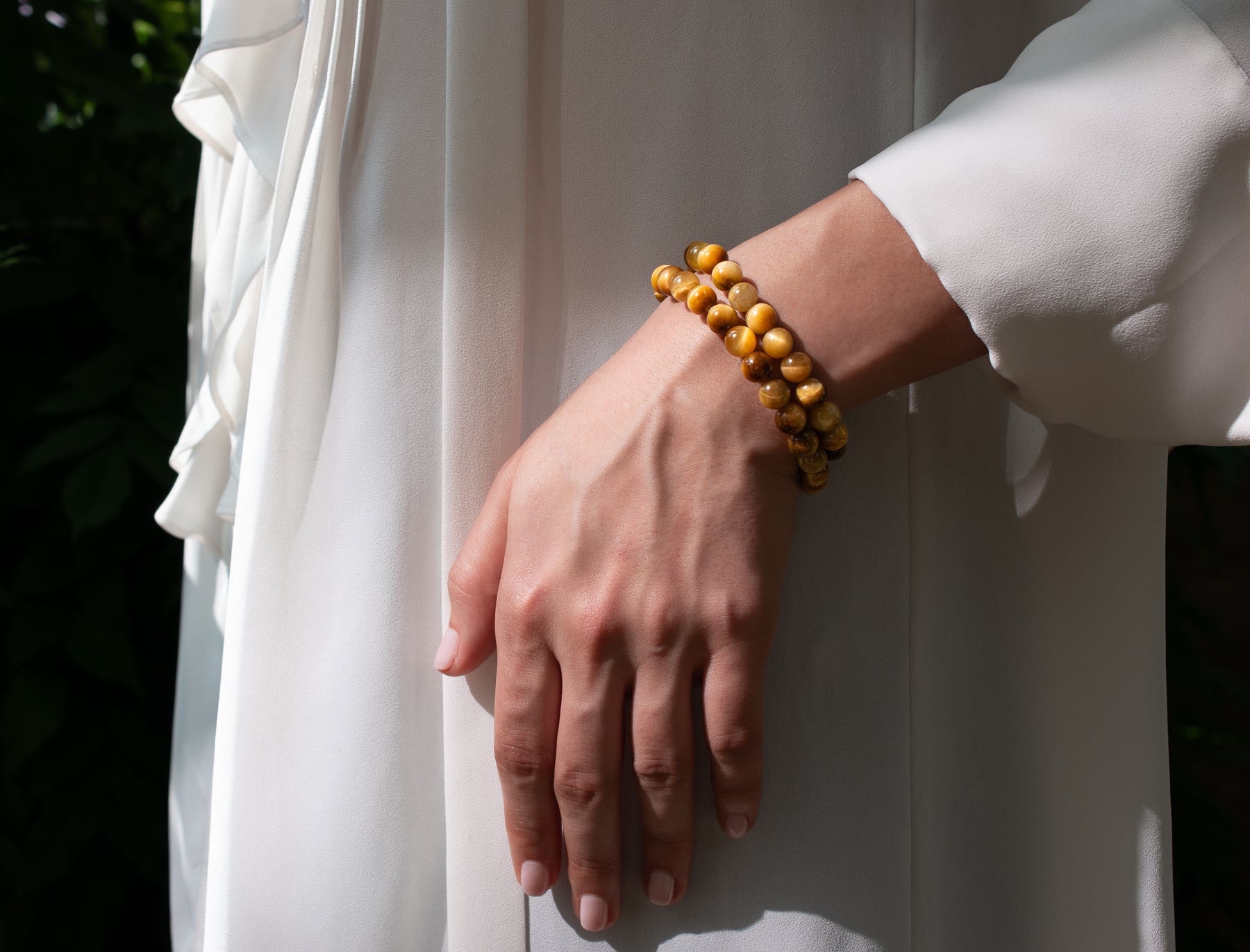 Blonde Tigers Eye Beaded Stretch Bracelet Stack on female model