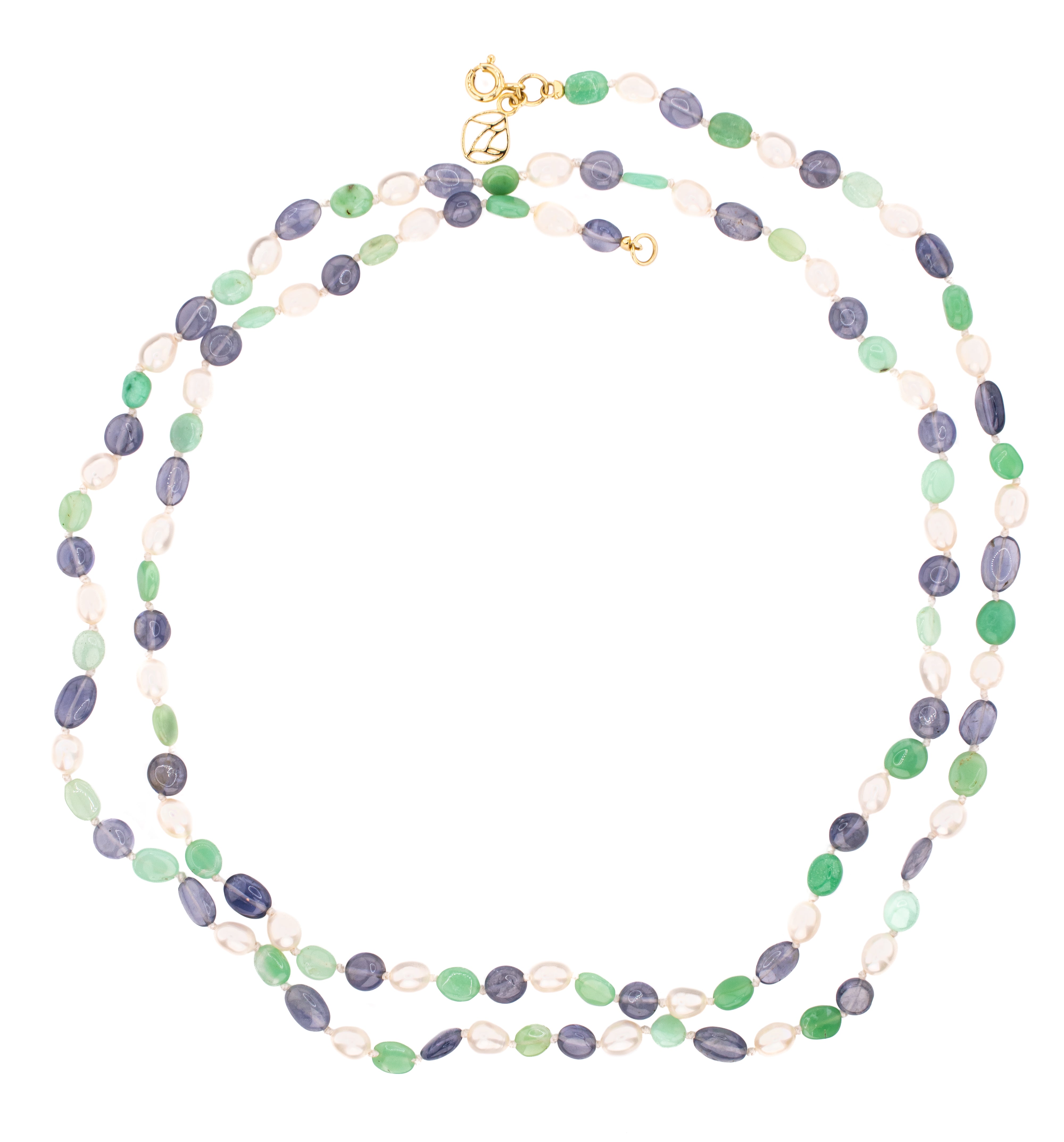 Ascot Necklace in Pearls, Chrysoprase, and Iolite