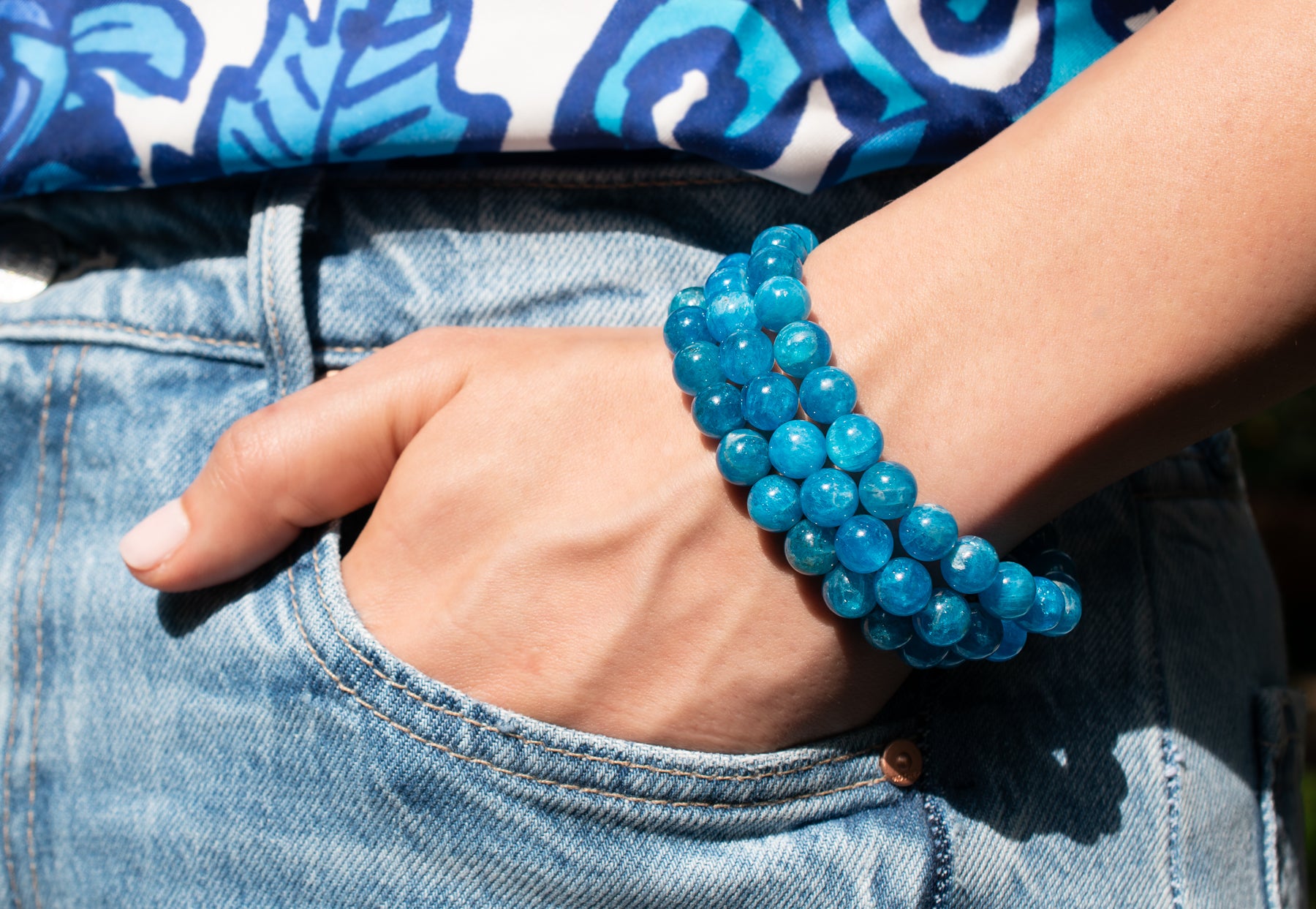 Stunning Blue Apatite Beaded Stretch Bracelet stack on female model