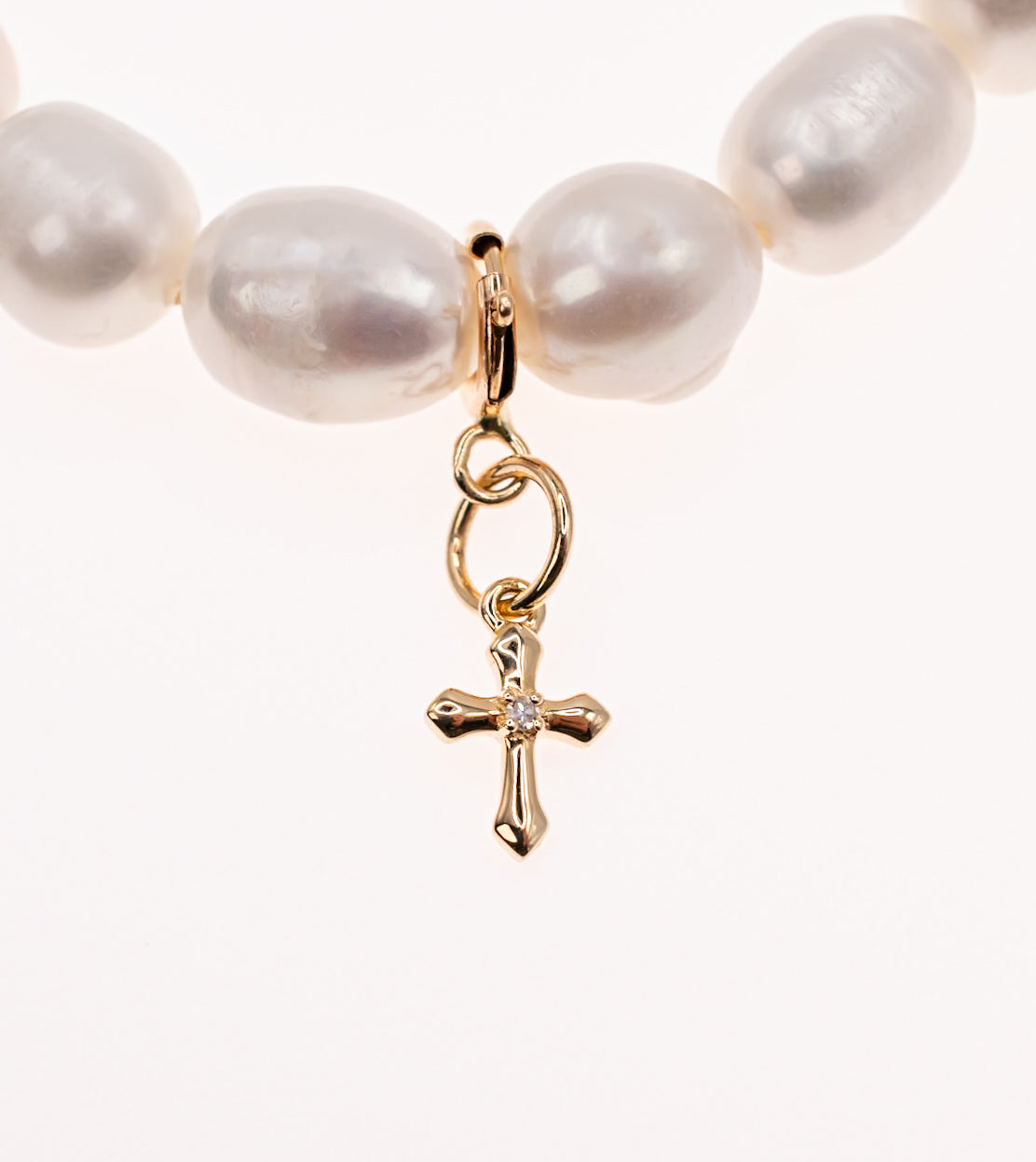 14K Yellow Gold and Diamond Cross on Freshwater Pearls