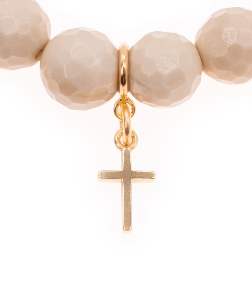 14K Yellow Gold Cross on Faceted Creamy Jasper