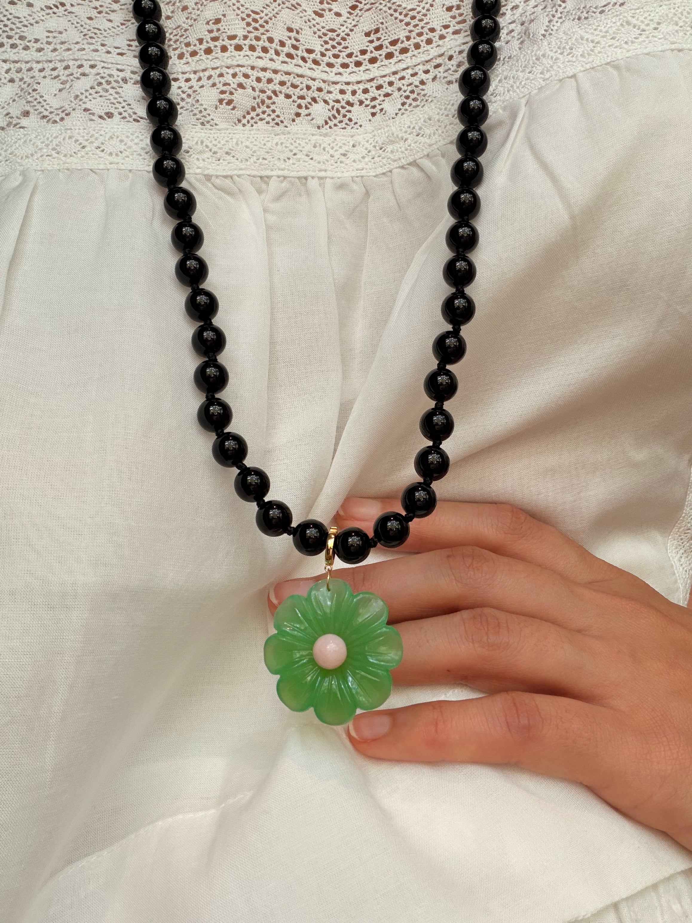 Hand Carved Clip On Flower Pendant in Green Onyx with Pink Opal