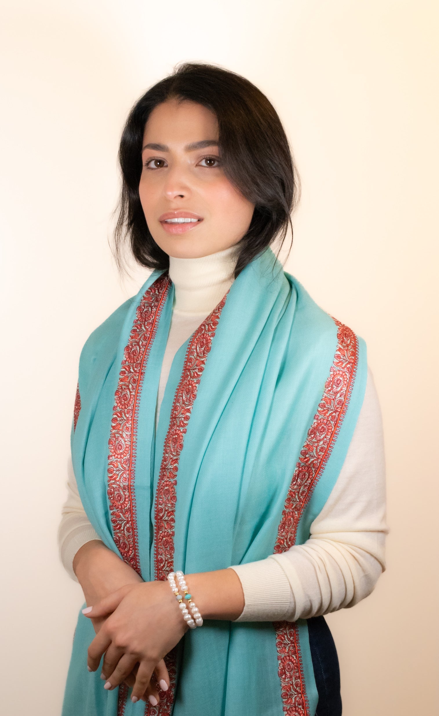 Aqua Blue Embroidered Pashmina Wool Scarf