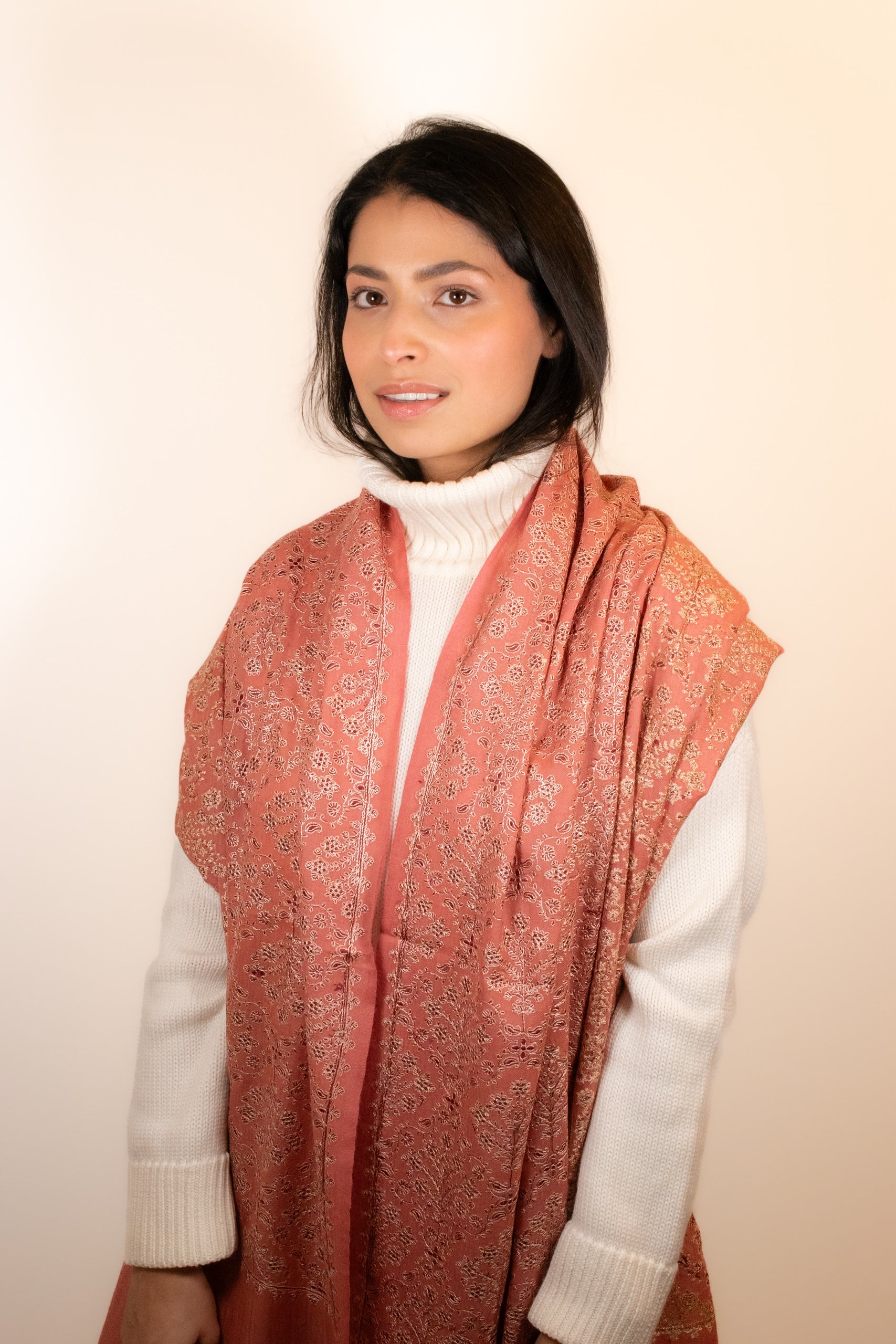 Burnished Peach Embroidered Pashmina Scarf