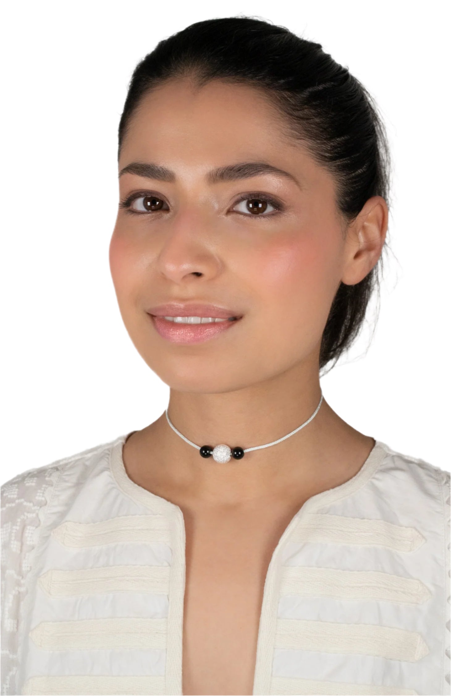 Silver and Black Onyx on Self Tie Soft Aqua Kumi Cord