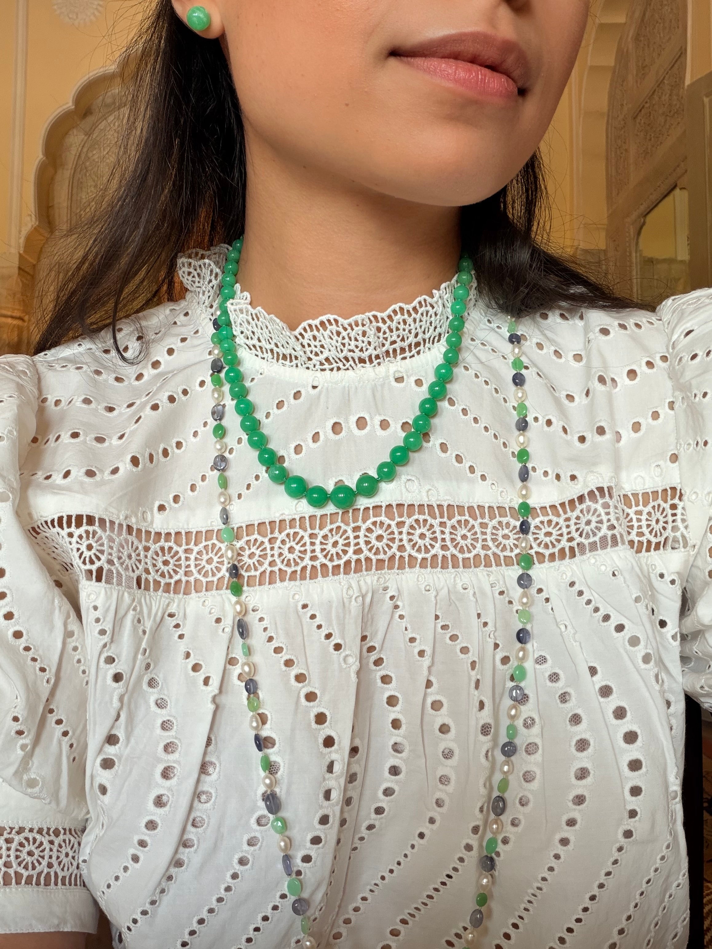 Ascot Necklace in Pearls, Chrysoprase, and Iolite