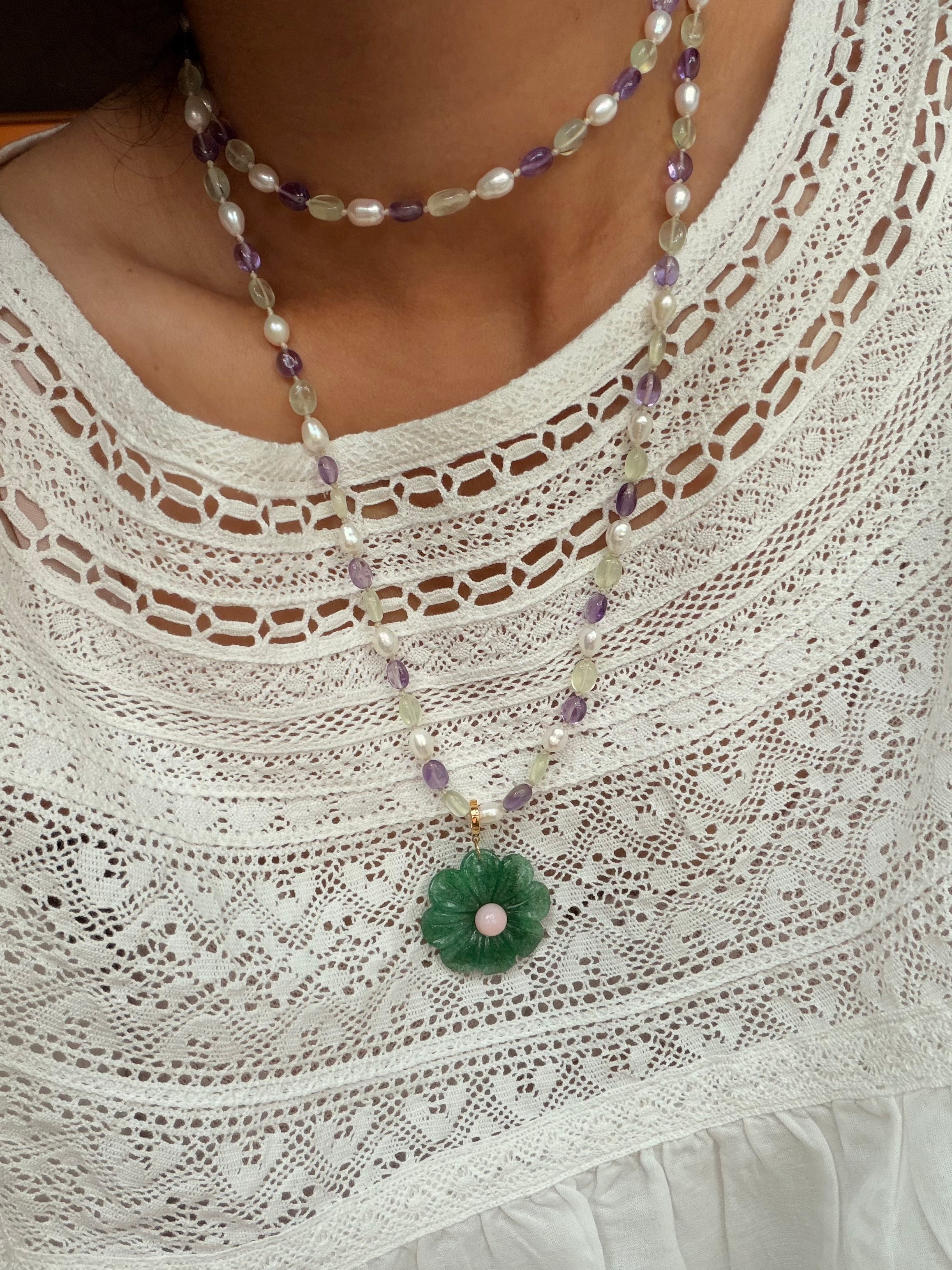 Hand Carved Clip On Flower Pendant in Green Aventurine with Pink Opal
