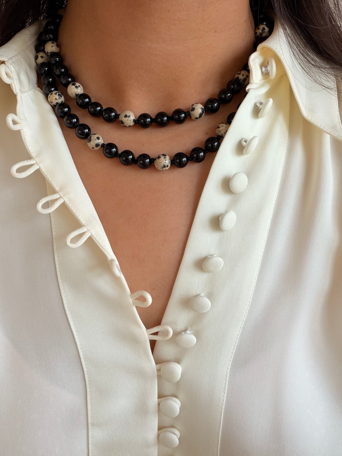Cyra Long Necklace in Black Onyx and Dalmatian Jasper