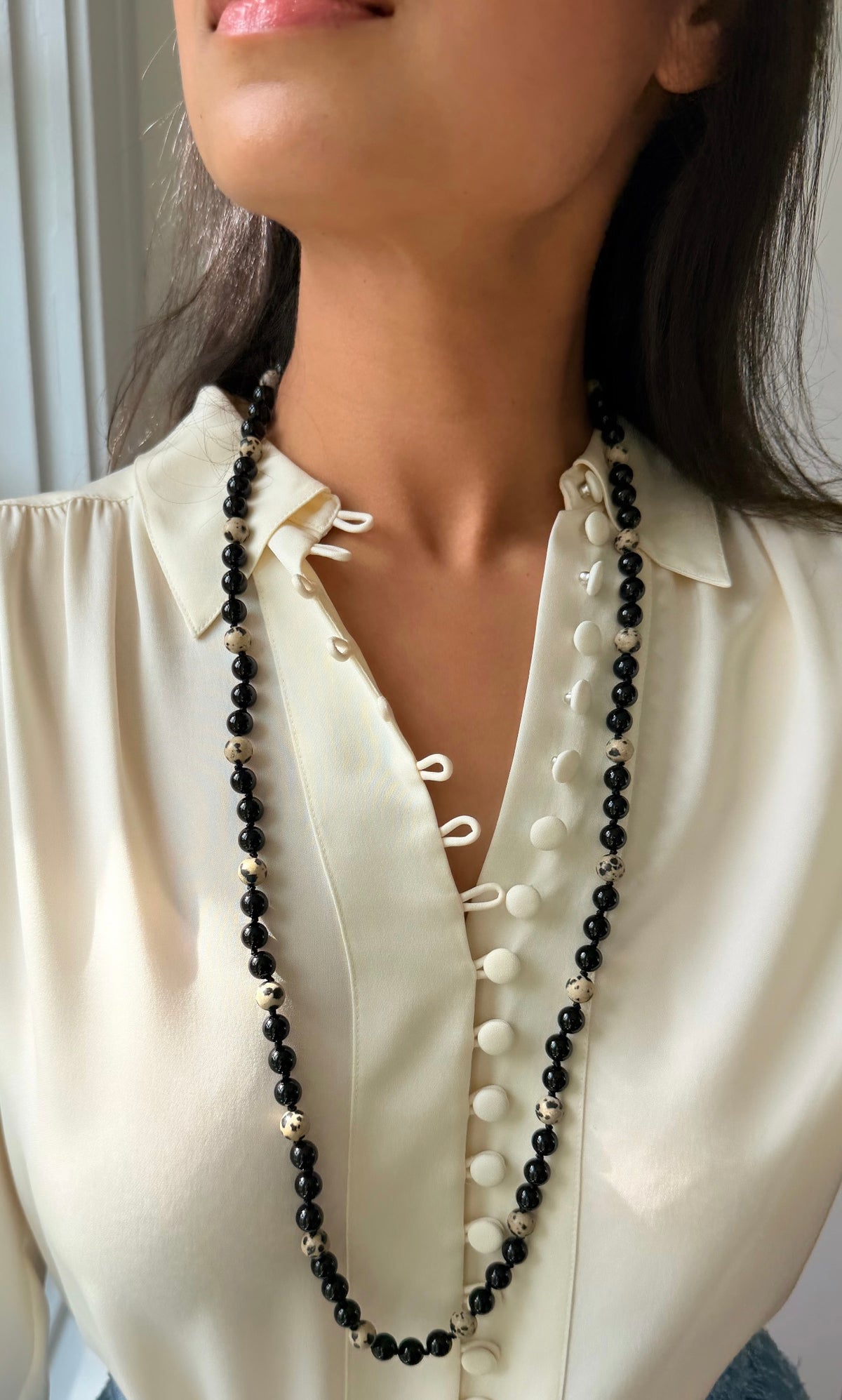 Cyra Long Necklace in Black Onyx and Dalmatian Jasper