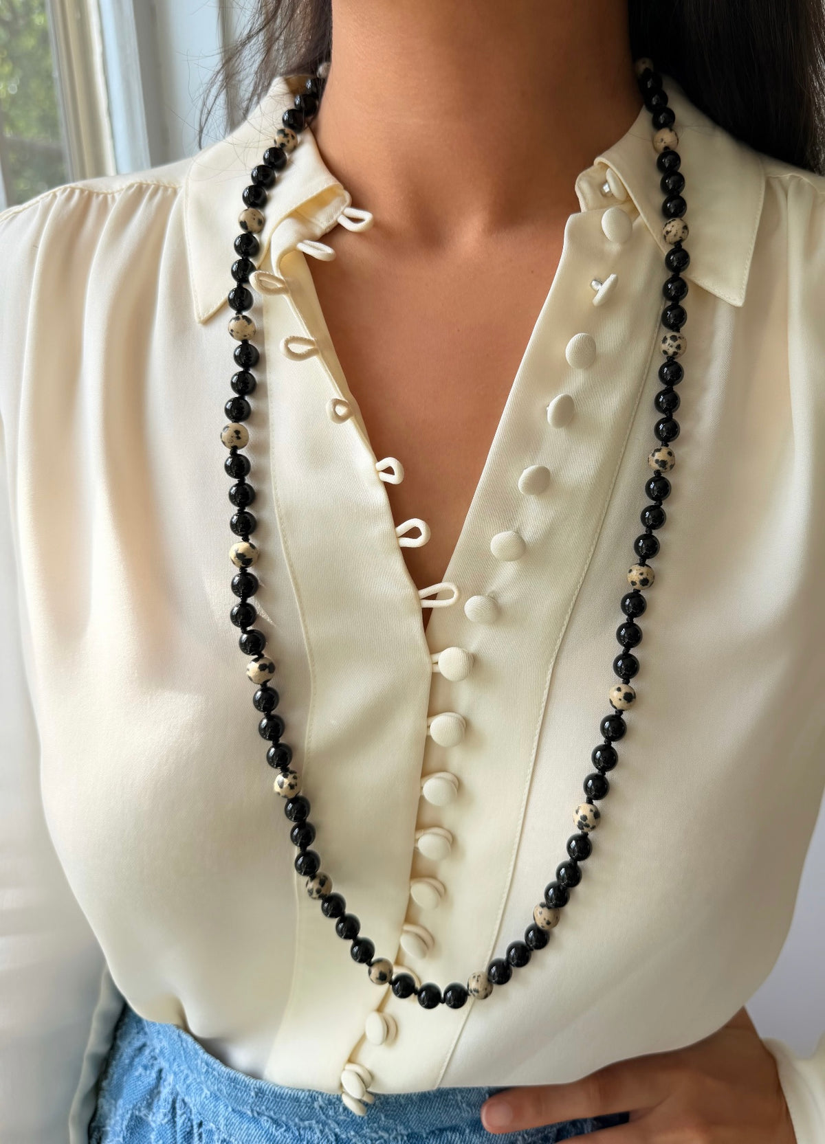 Cyra Long Necklace in Black Onyx and Dalmatian Jasper