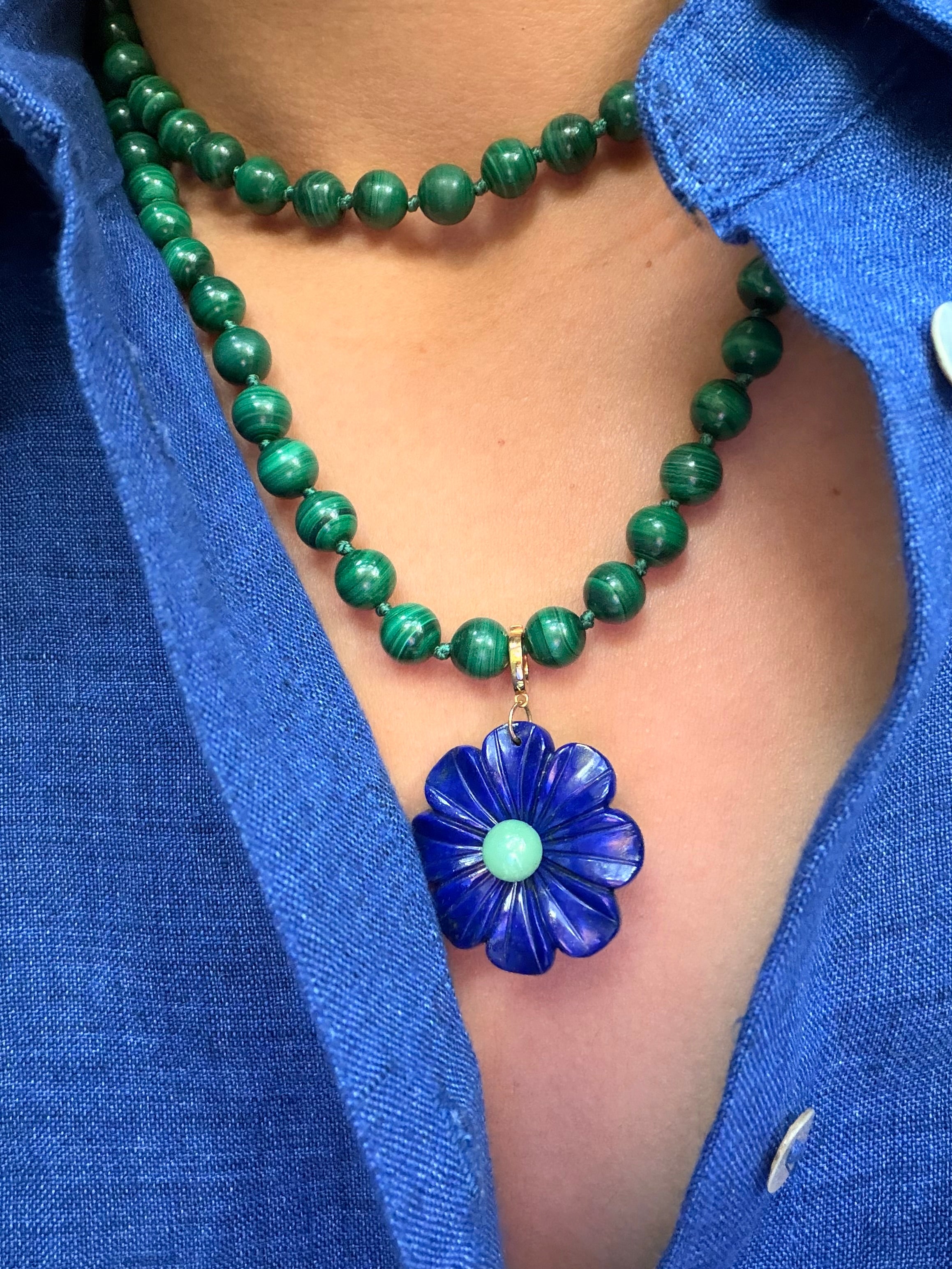 Hand Carved Clip On Flower Pendant in Lapis Lazuli