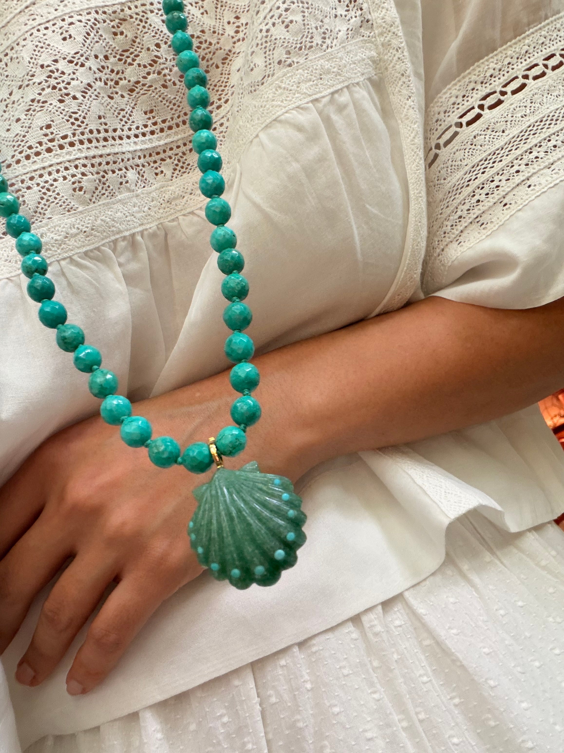 Hand Carved Clip On Shell Pendant in Green Aventurine and Inlaid Turquoise