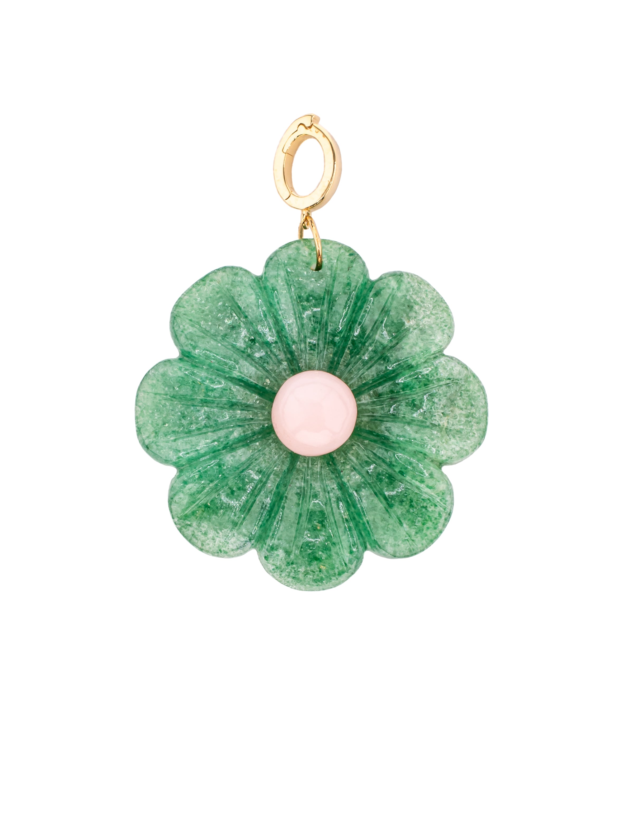 Hand Carved Clip On Flower Pendant in Green Aventurine with Pink Opal