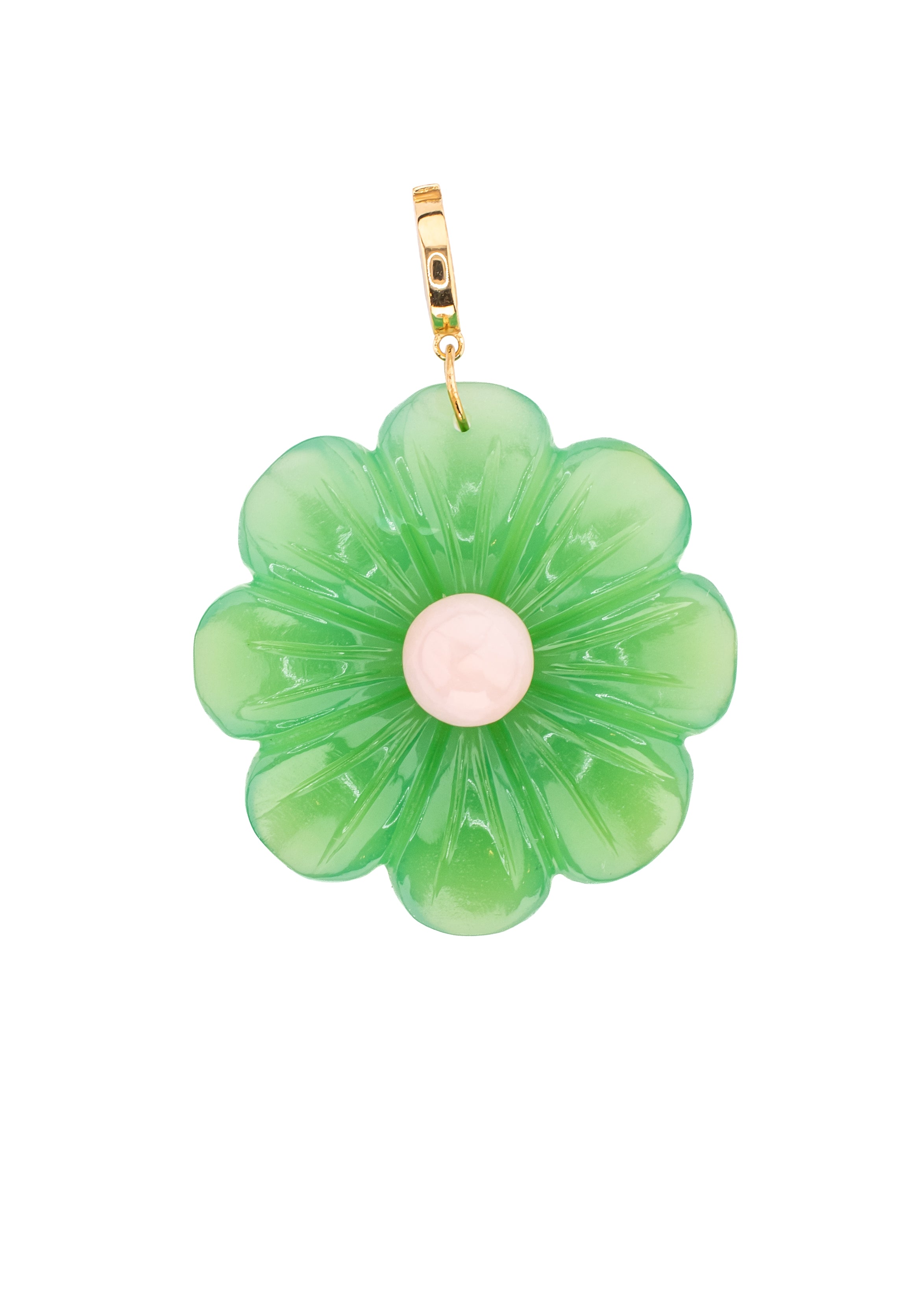 Hand Carved Clip On Flower Pendant in Chrysoprase with Pink Opal