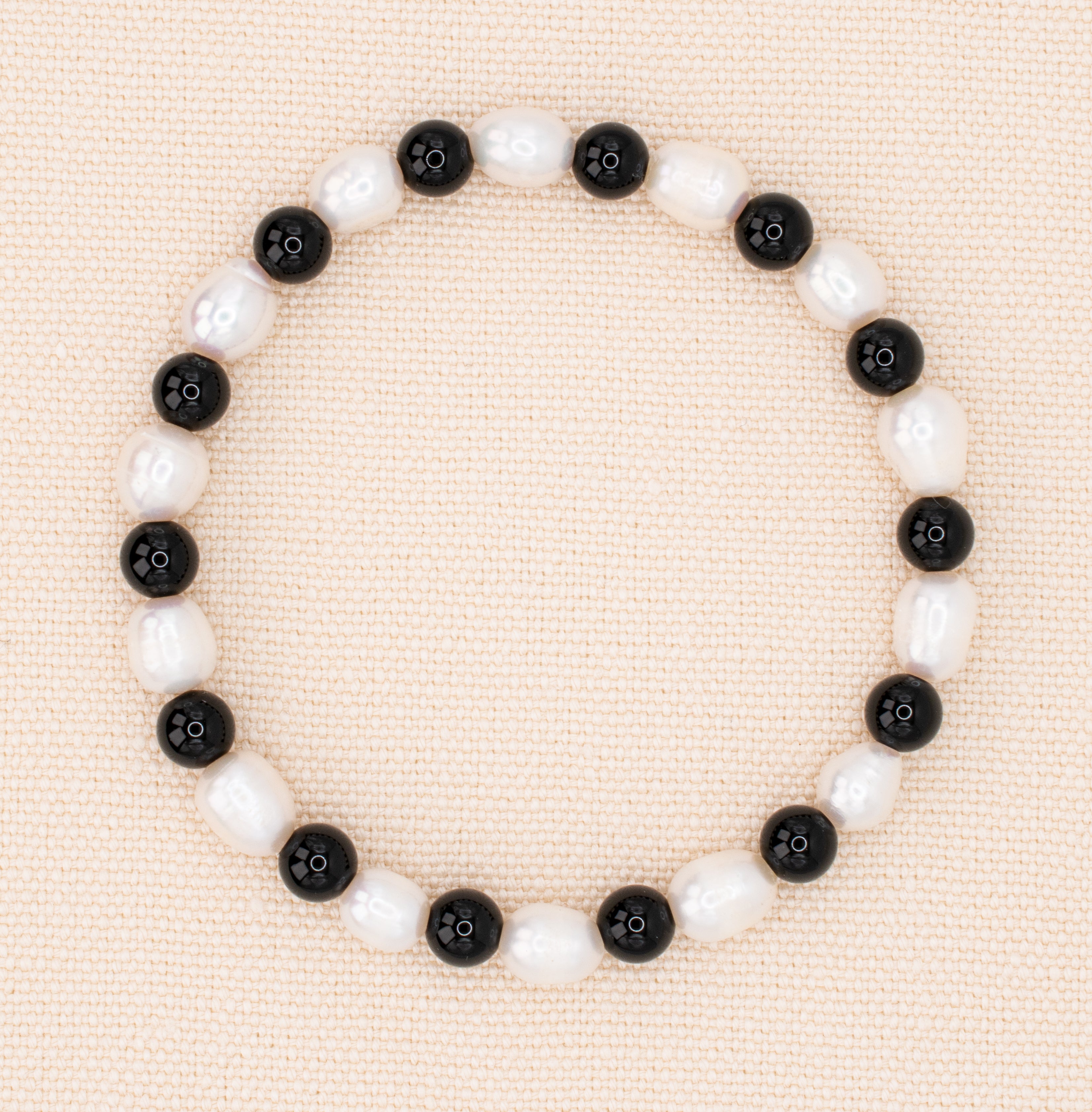 Black Onyx and Pearl Beaded Stretch Bracelet