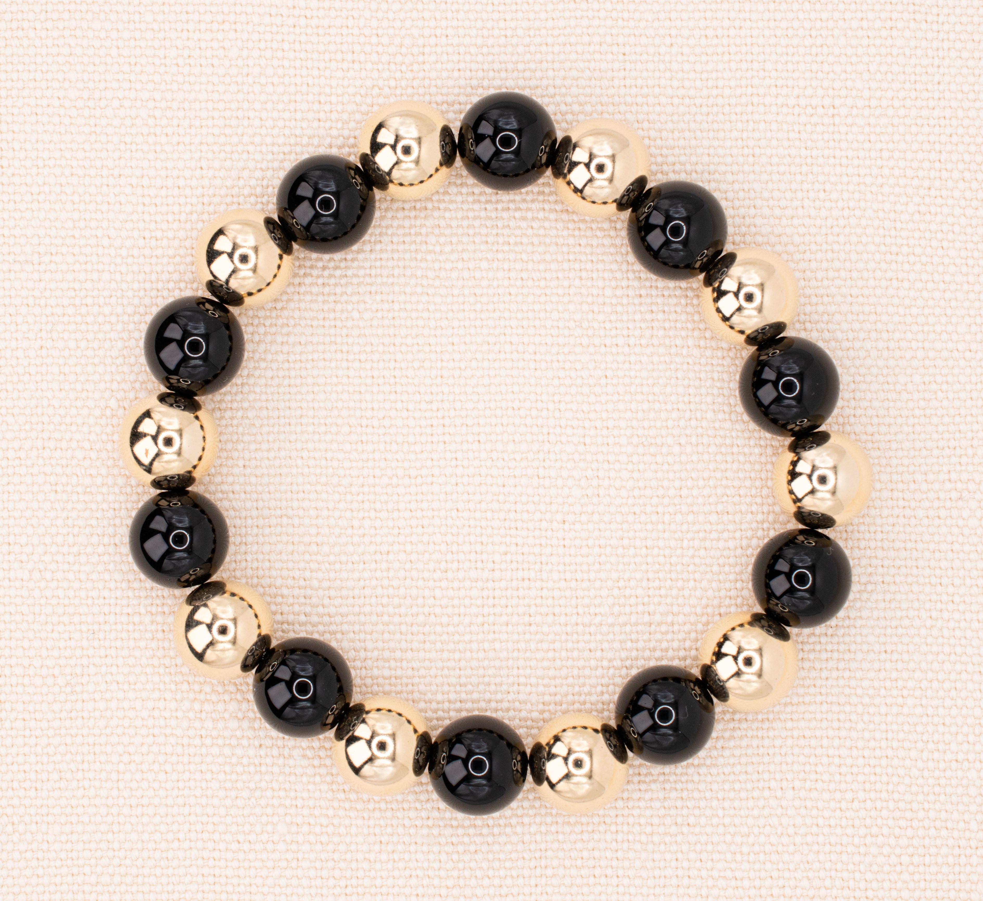 Chunky Gold and Black Onyx Beaded Stretch Bracelet