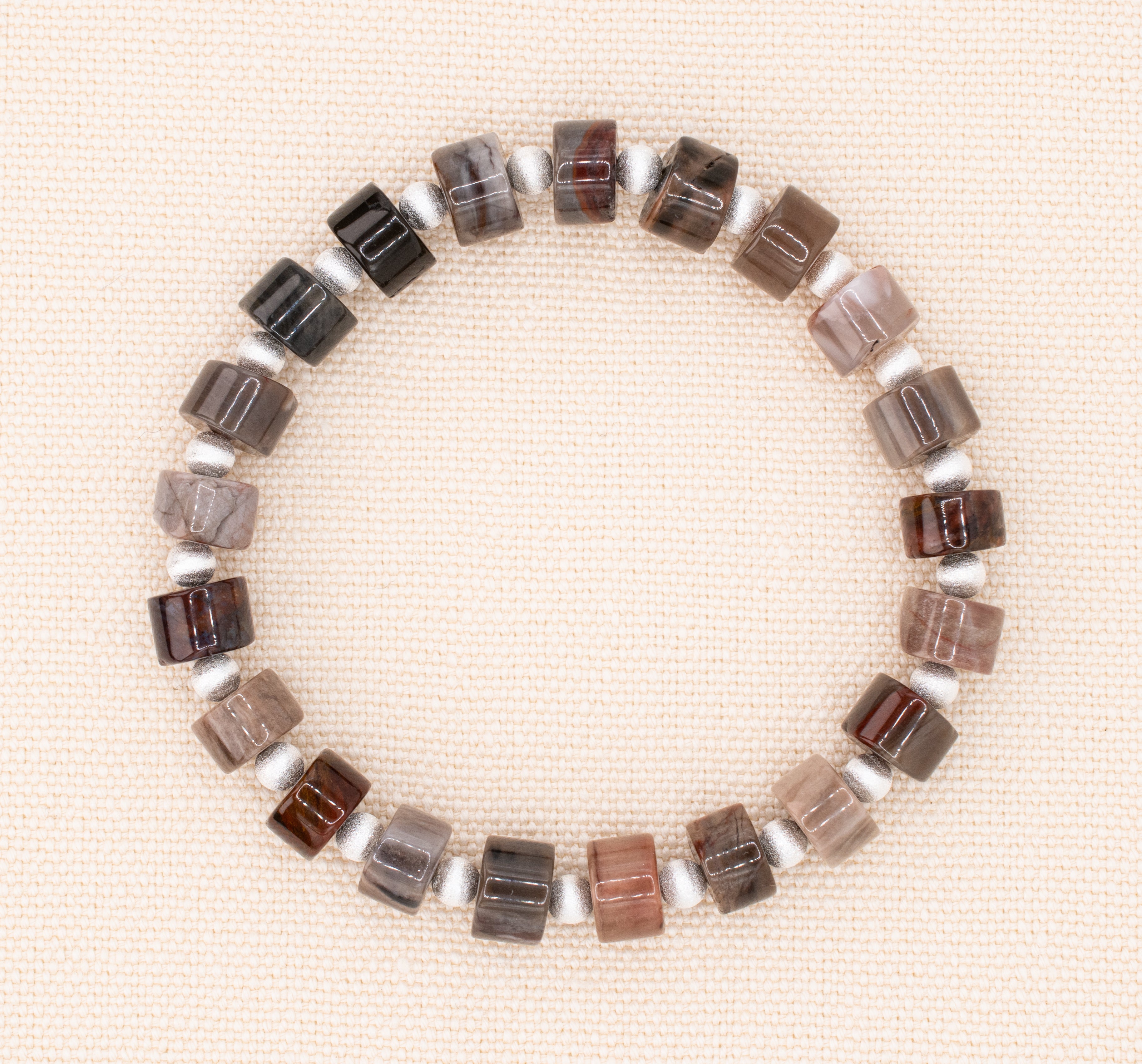 Petrified Wood and Sterling Silver Beaded Stretch Bracelet