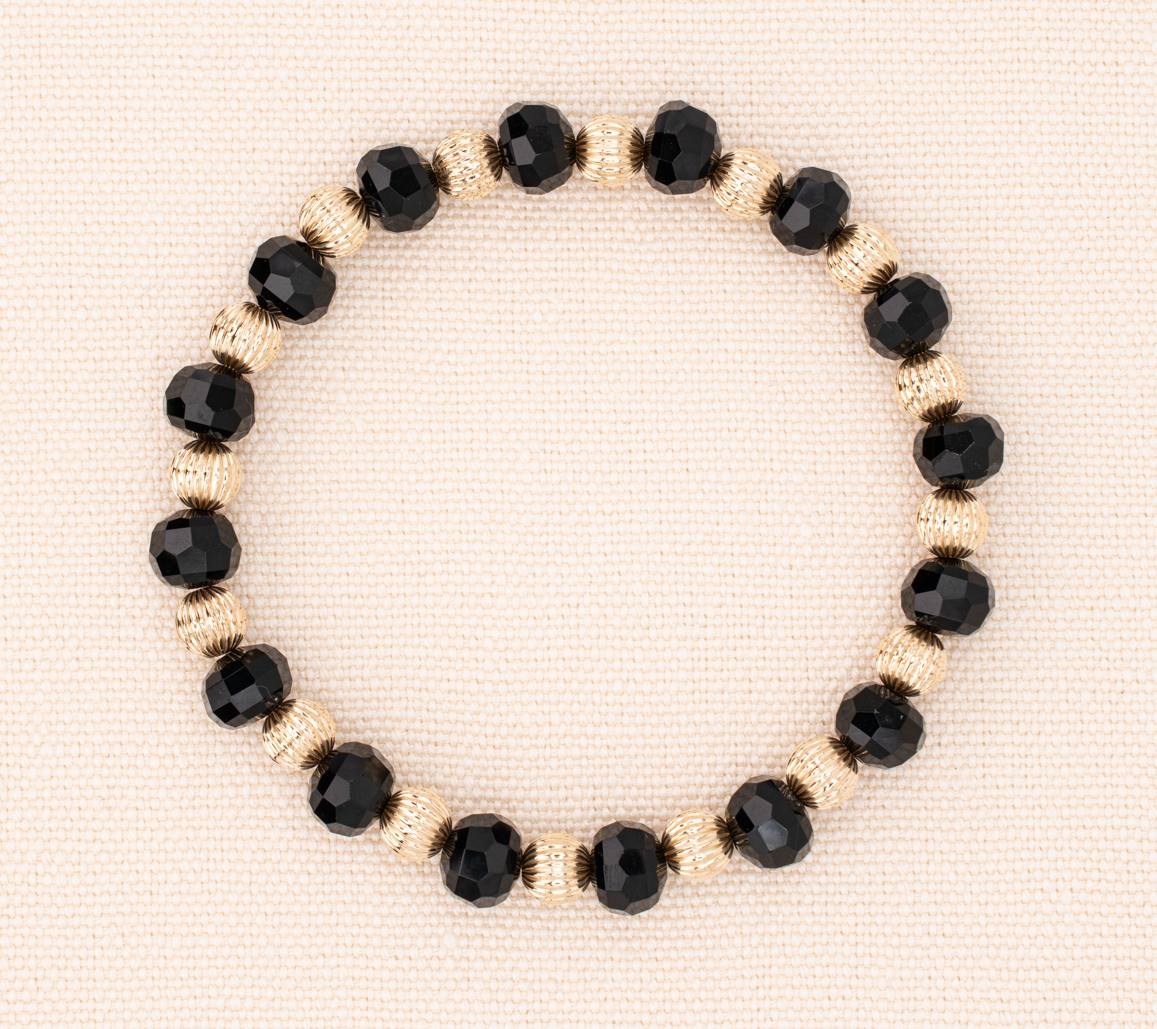 Black Onyx and Textured Gold Beaded Stretch Bracelet